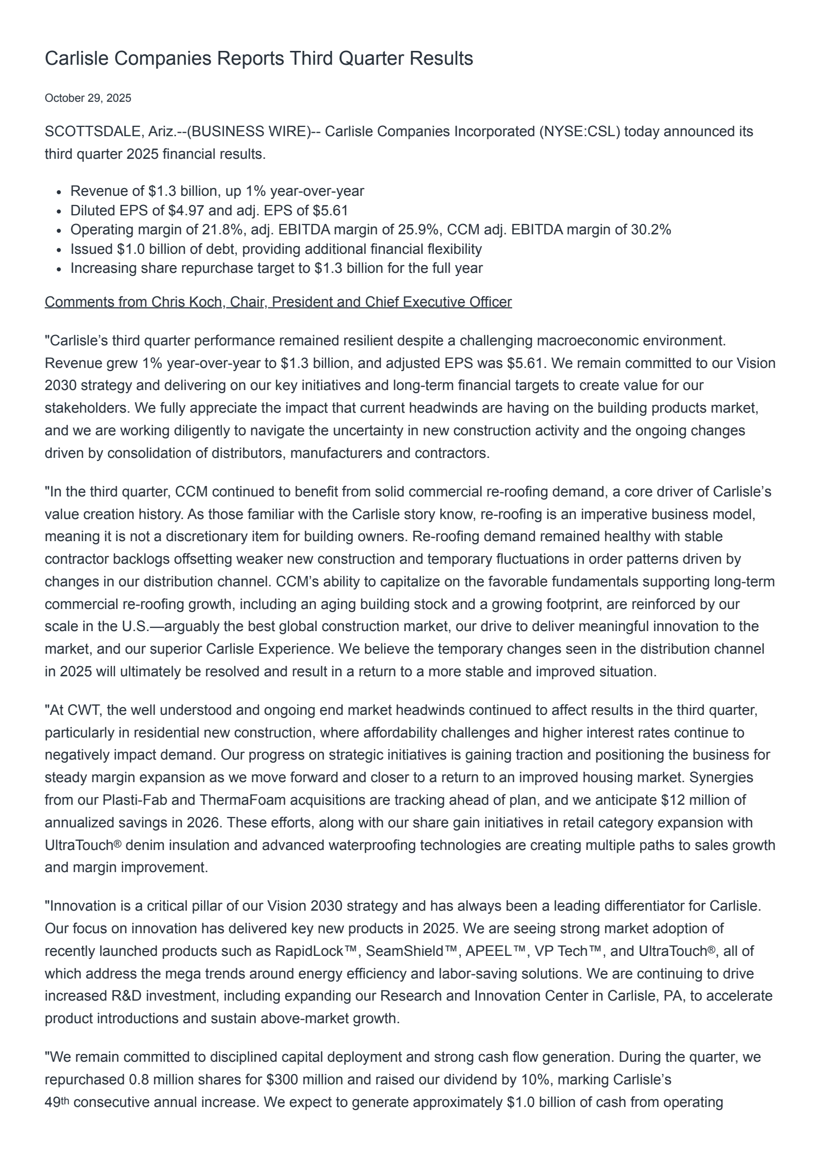 Carlisle Companies' Q3 2025 Earnings Release