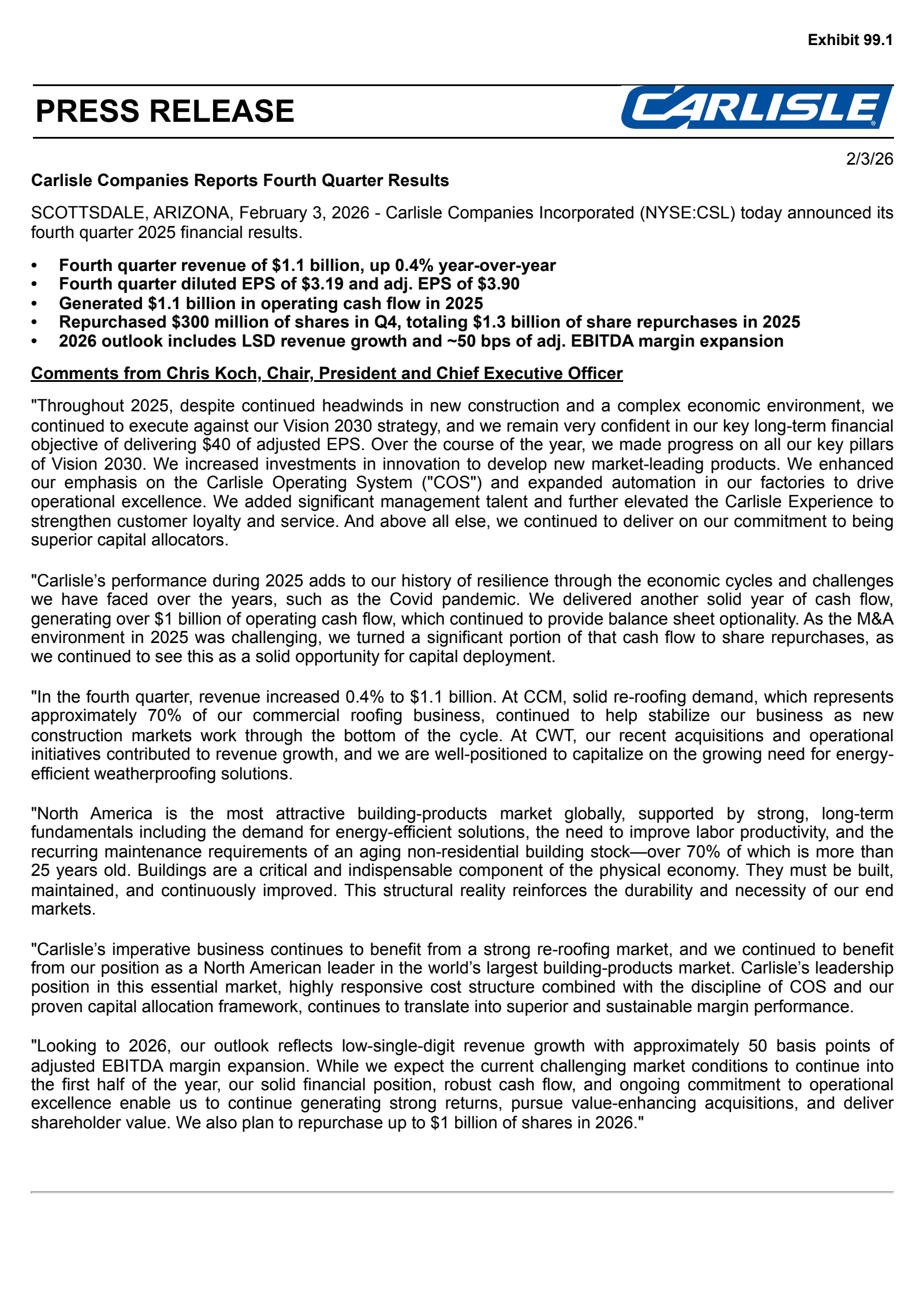 Carlisle Companies' Q4 2025 Press Release