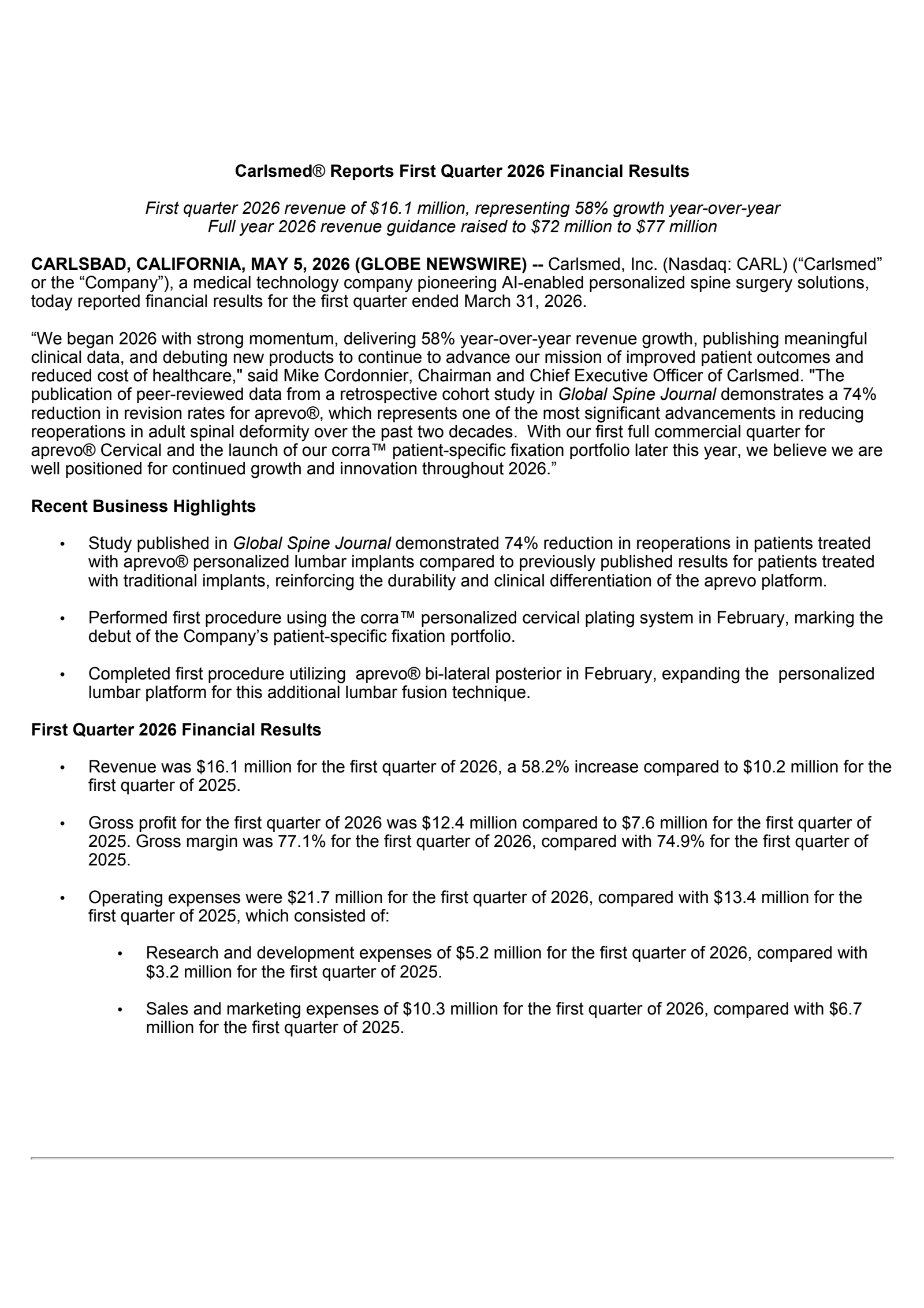 Carlsmed's Q1 2026 Press Release
