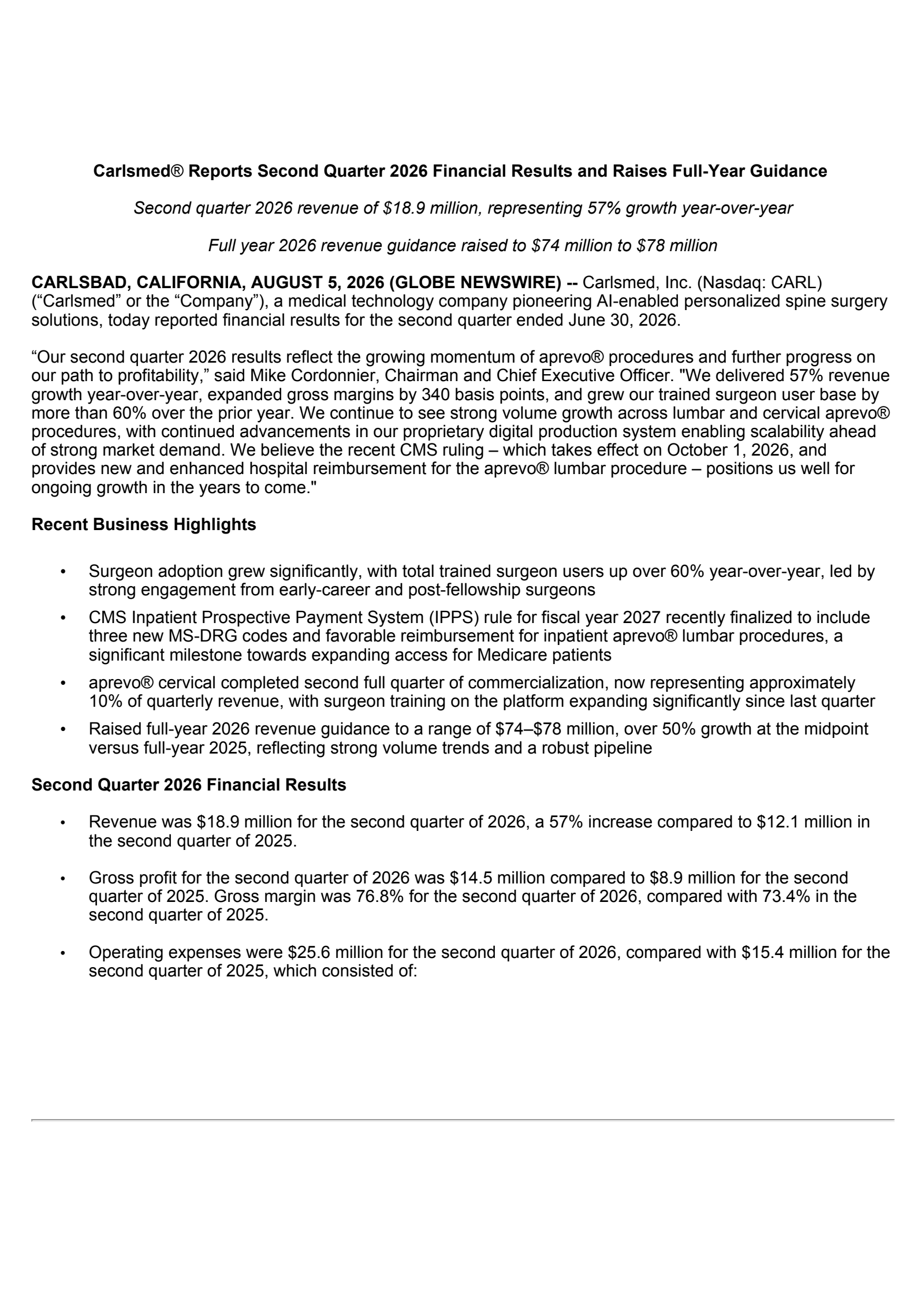 Carlsmed's Q2 2026 Press Release