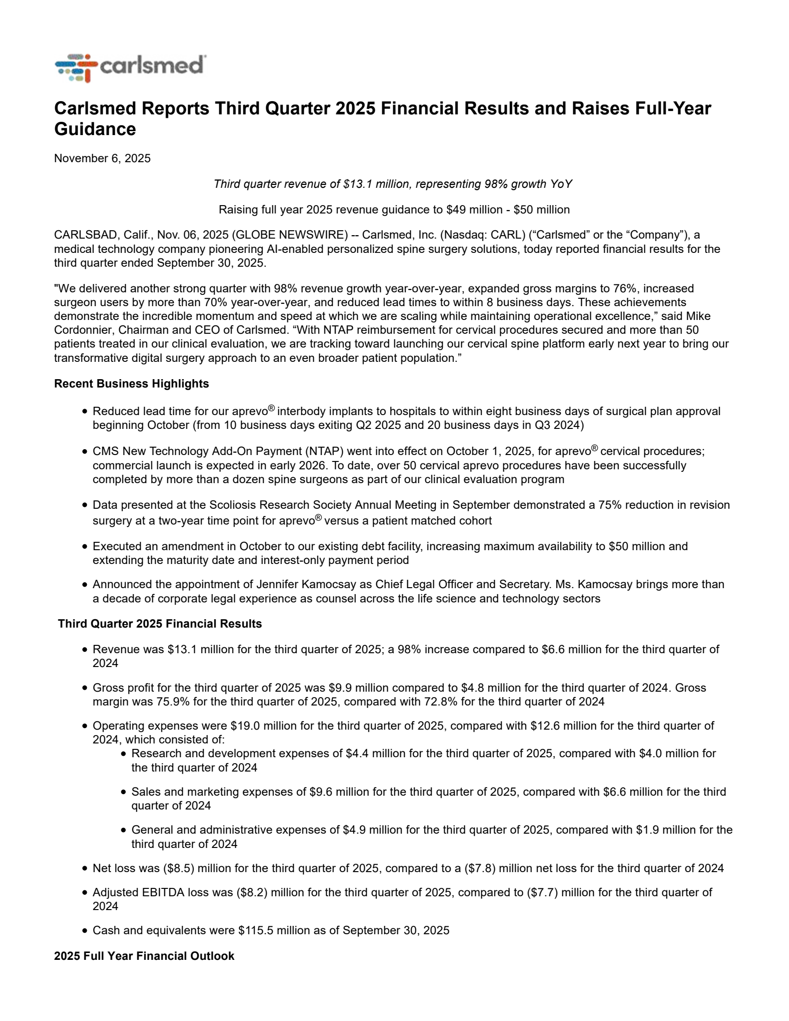Carlsmed's Q3 2025 Earnings Release
