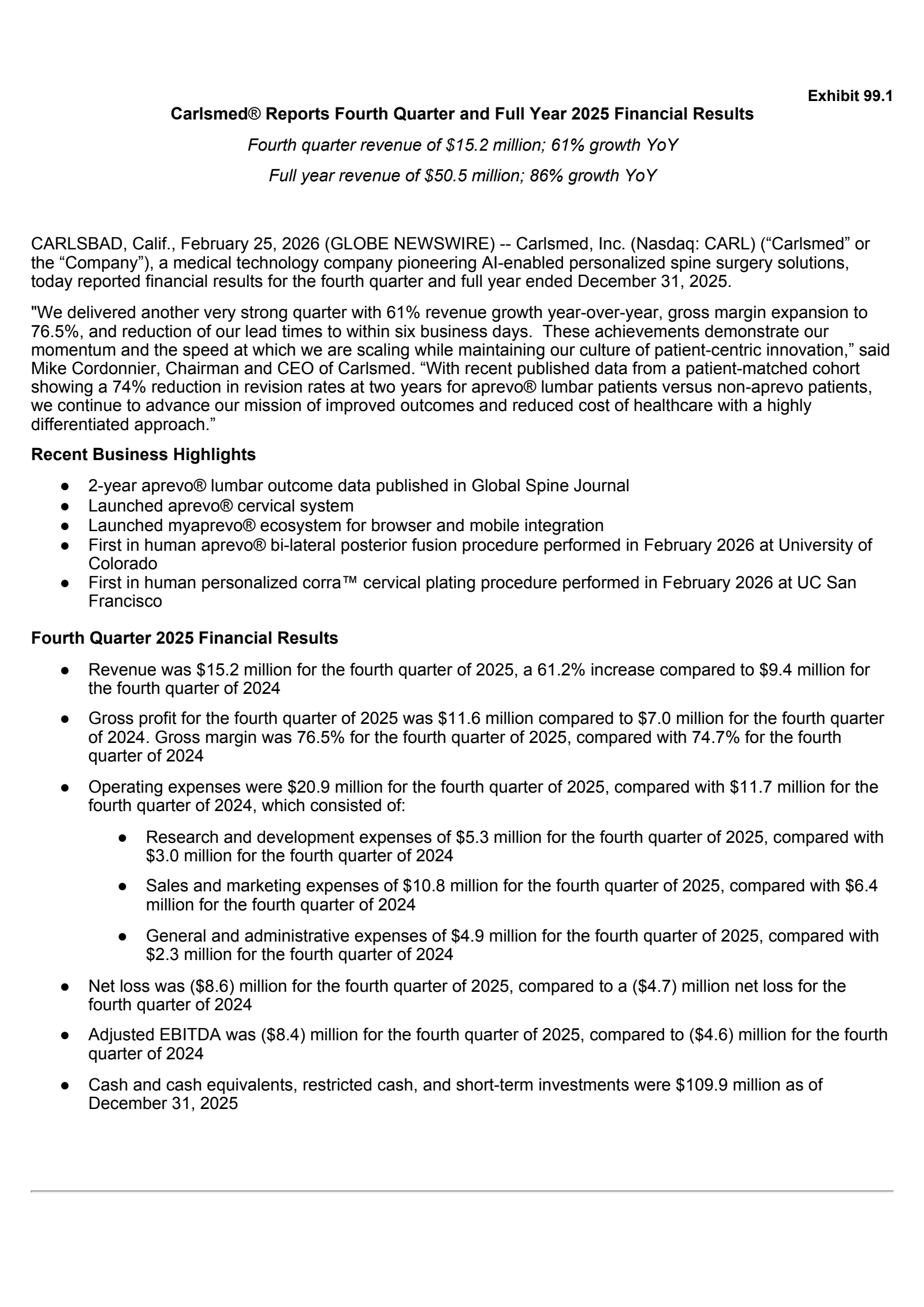 Carlsmed's Q4 2025 Press Release