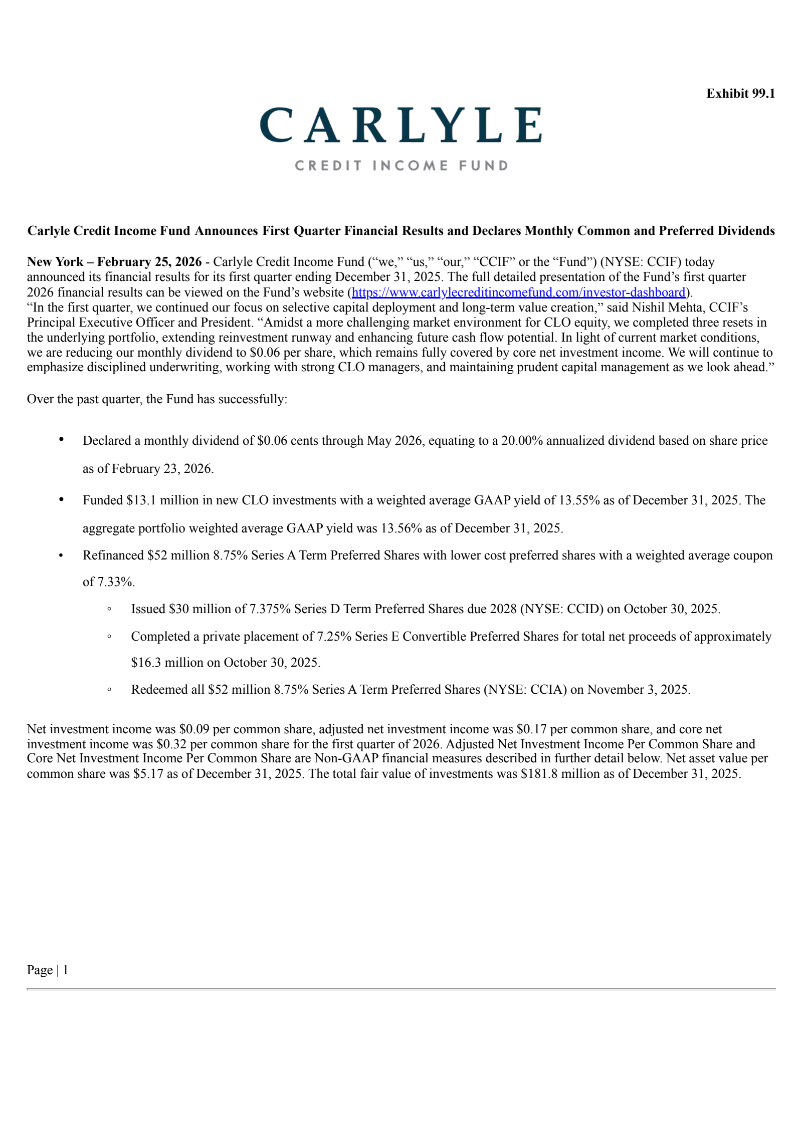 Carlyle Credit Income Fund's Q1 2026 Press Release