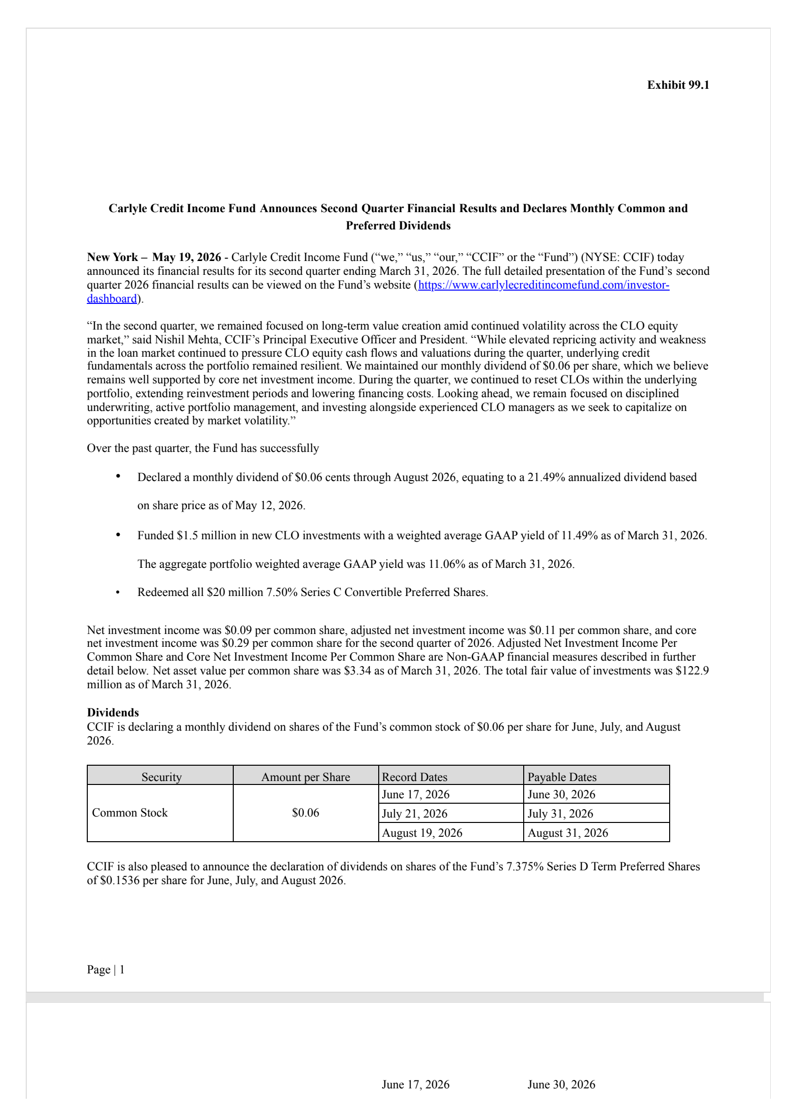 Carlyle Credit Income Fund's Q2 2026 Press Release