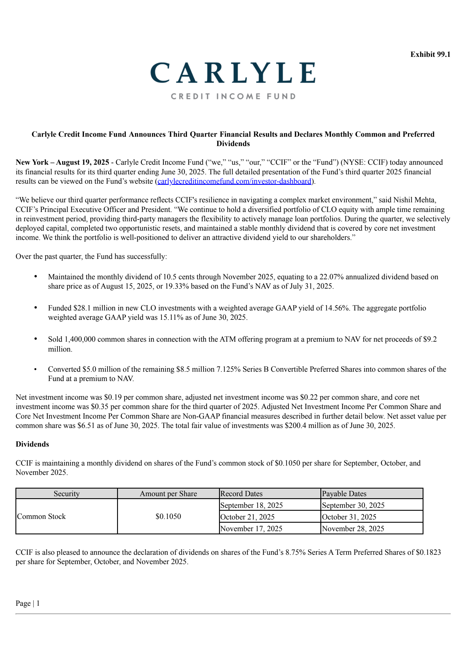 Carlyle Credit Income Fund's Q3 2025 Press Release