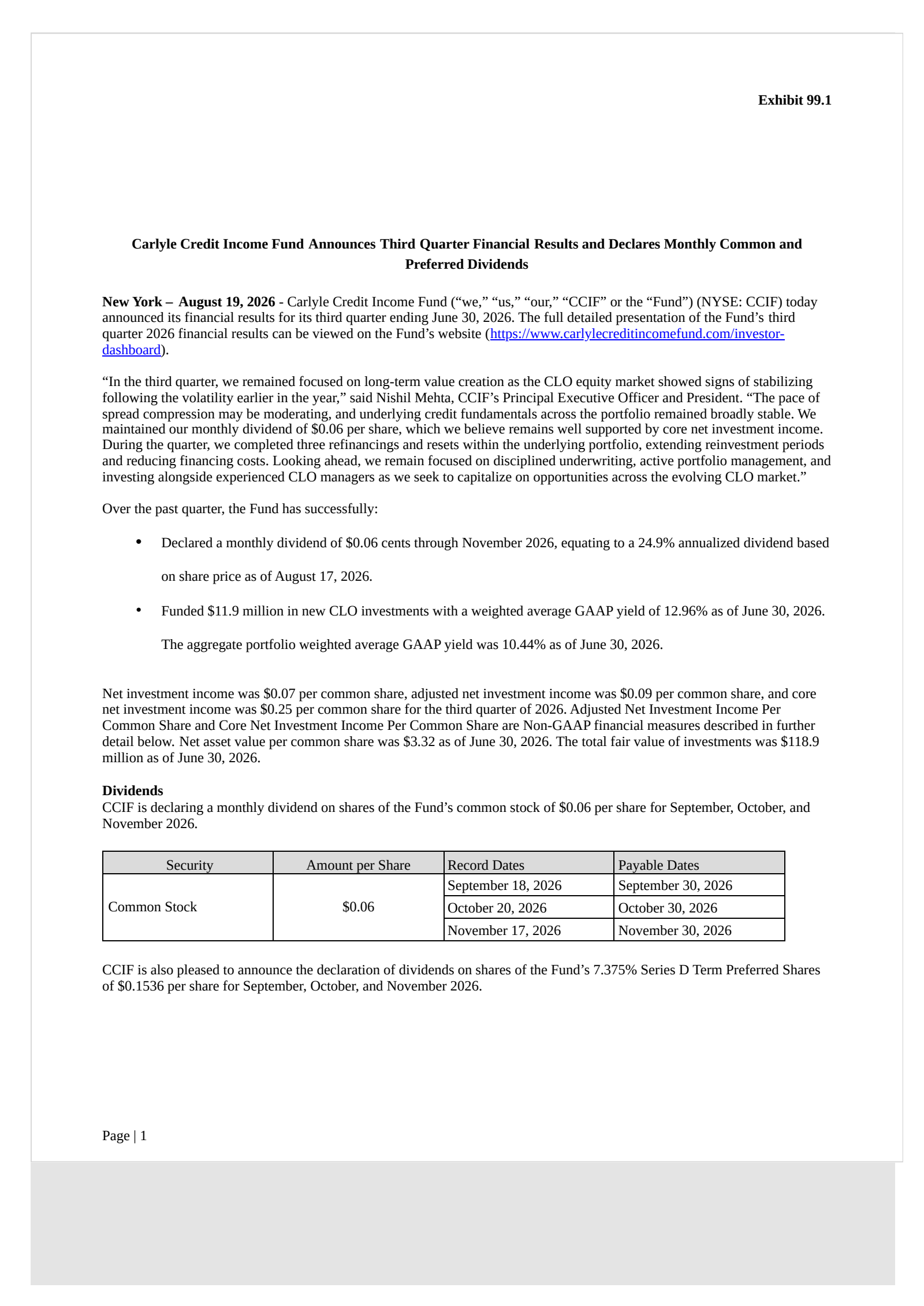 Carlyle Credit Income Fund's Q3 2026 Press Release