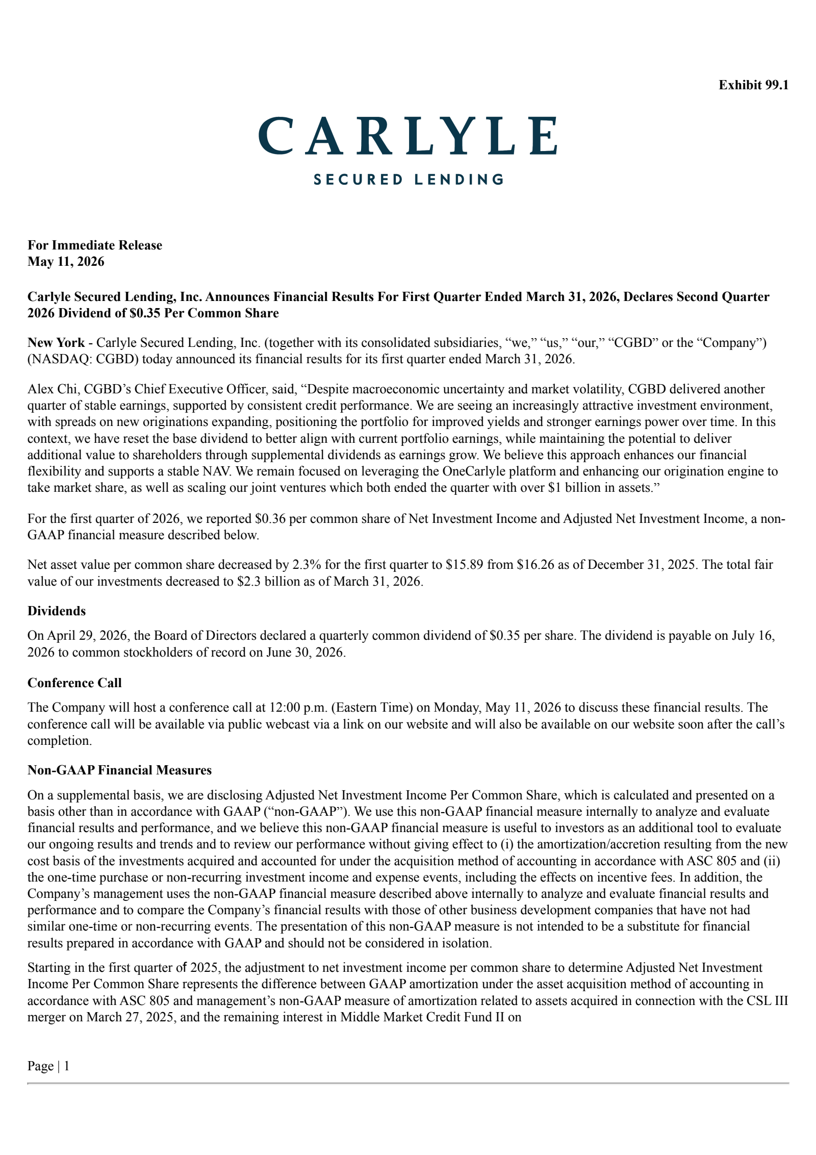 Carlyle Secured Lending's Q1 2026 Press Release