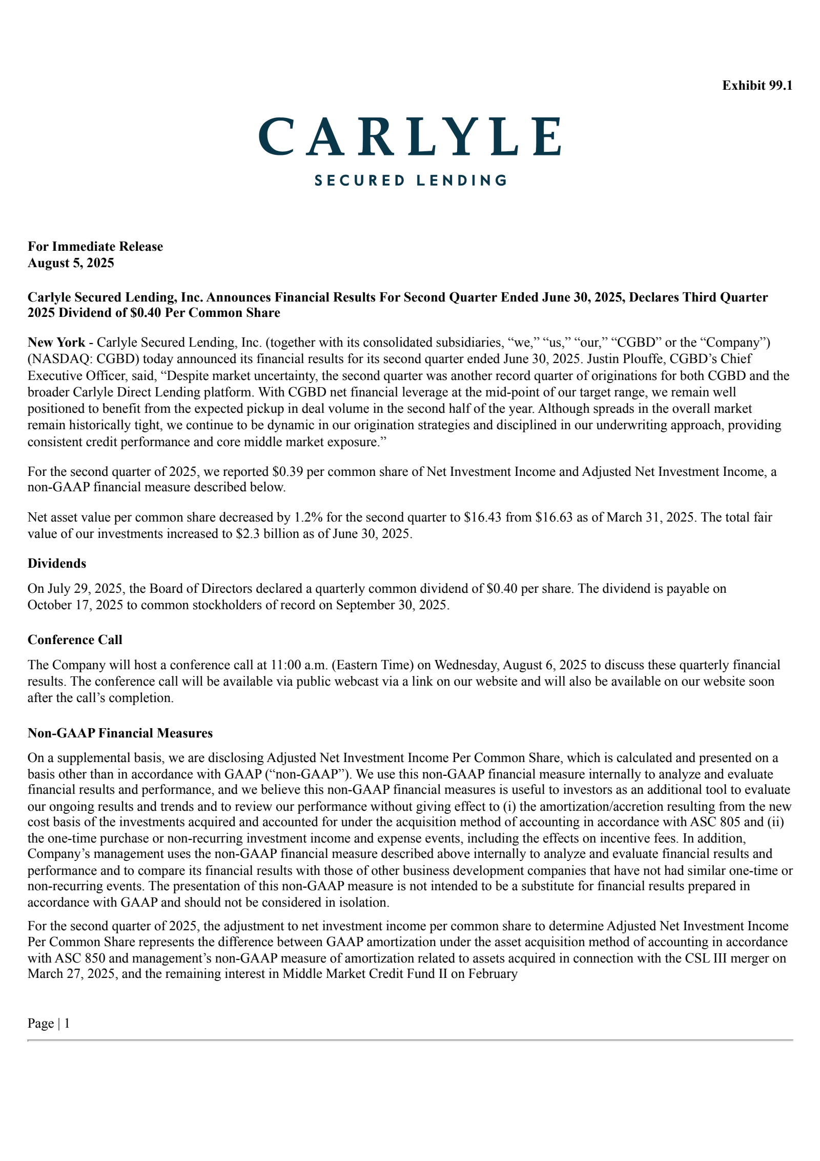 Carlyle Secured Lending's Q2 2025 Press Release