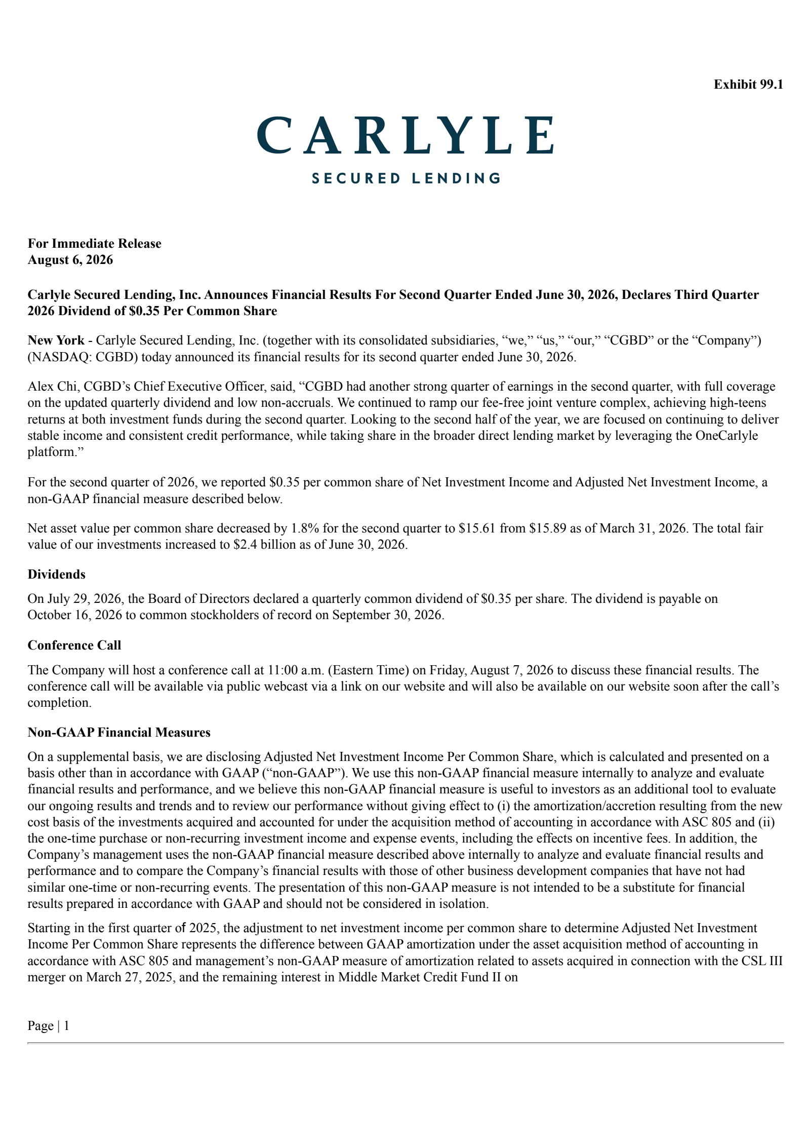 Carlyle Secured Lending's Q2 2026 Press Release