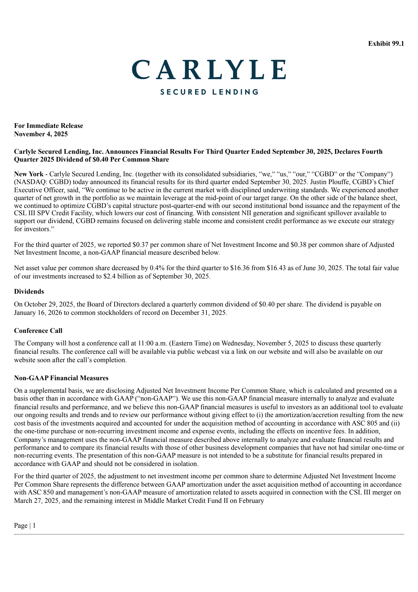 Carlyle Secured Lending's Q3 2025 Earnings Release