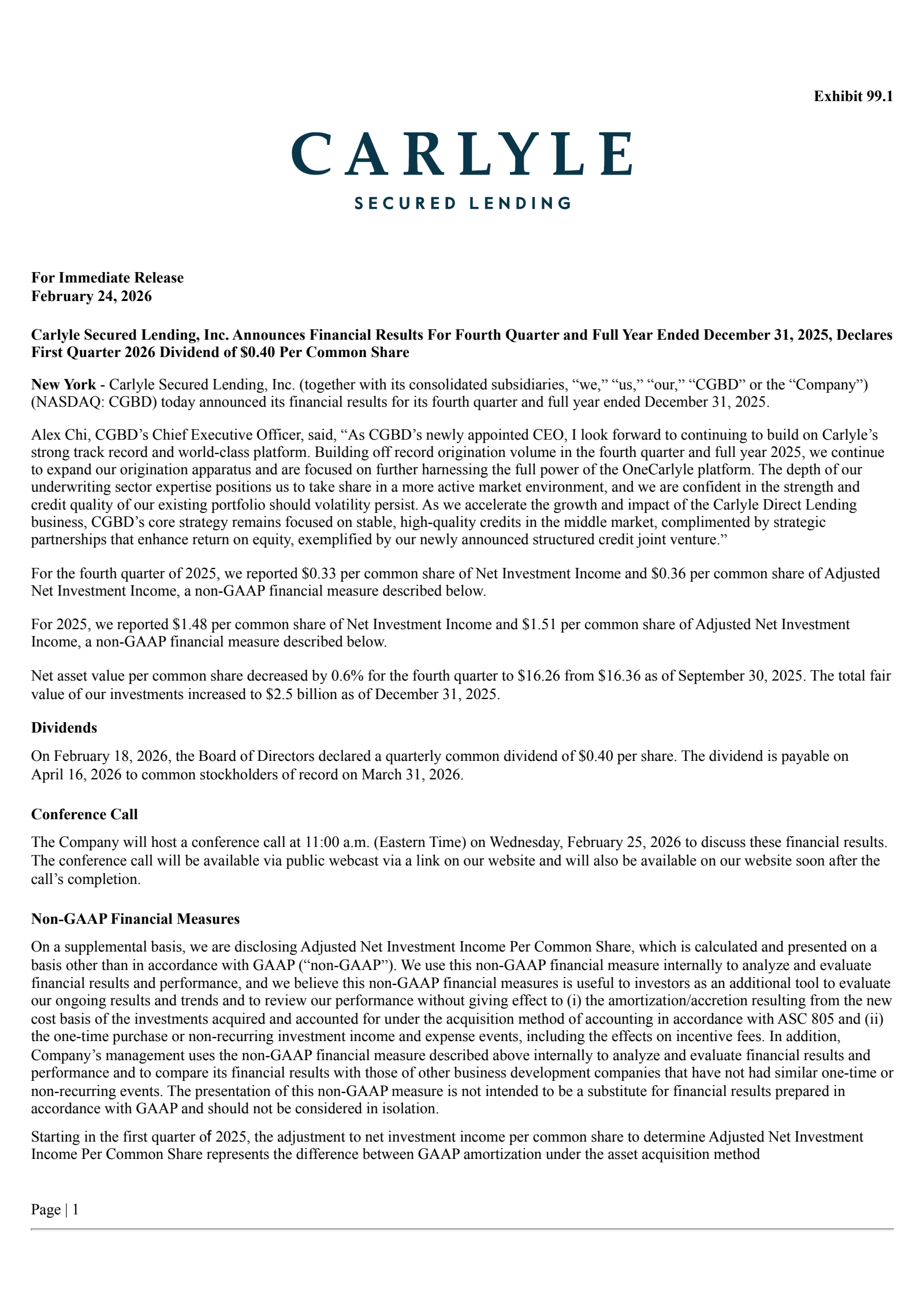 Carlyle Secured Lending's Q4 2025 Press Release