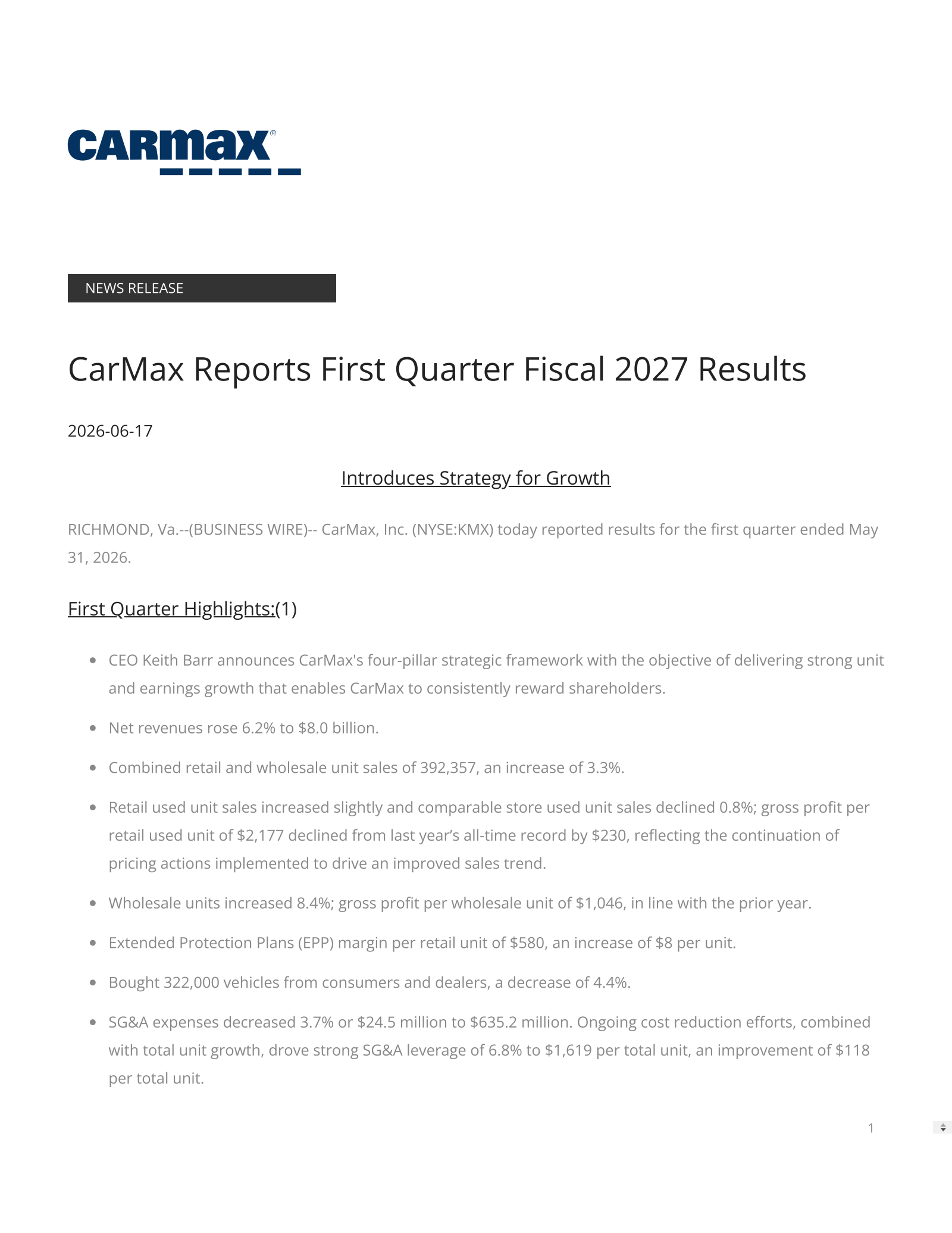 CarMax's Q1 2027 Press Release