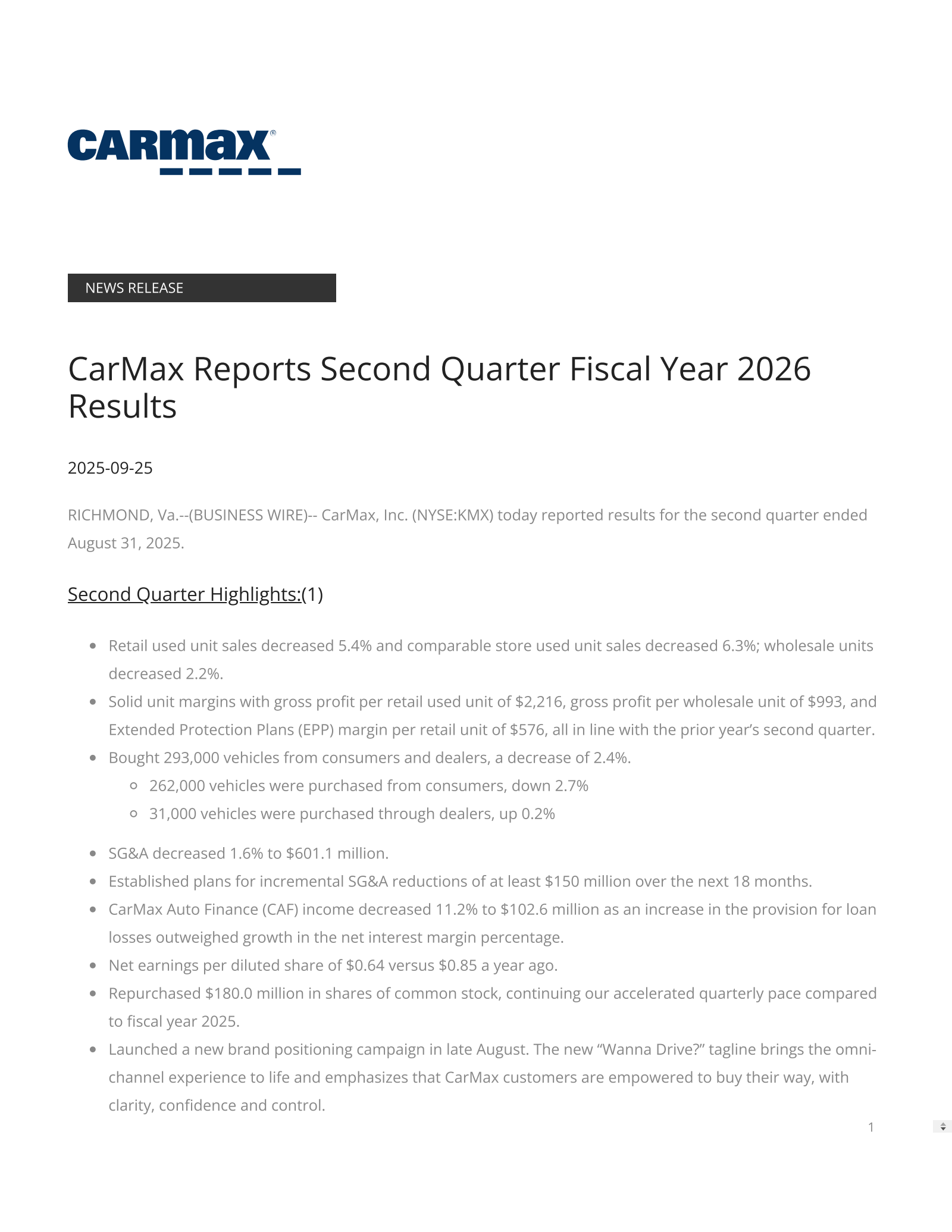 CarMax's Q2 2026 Earnings Release