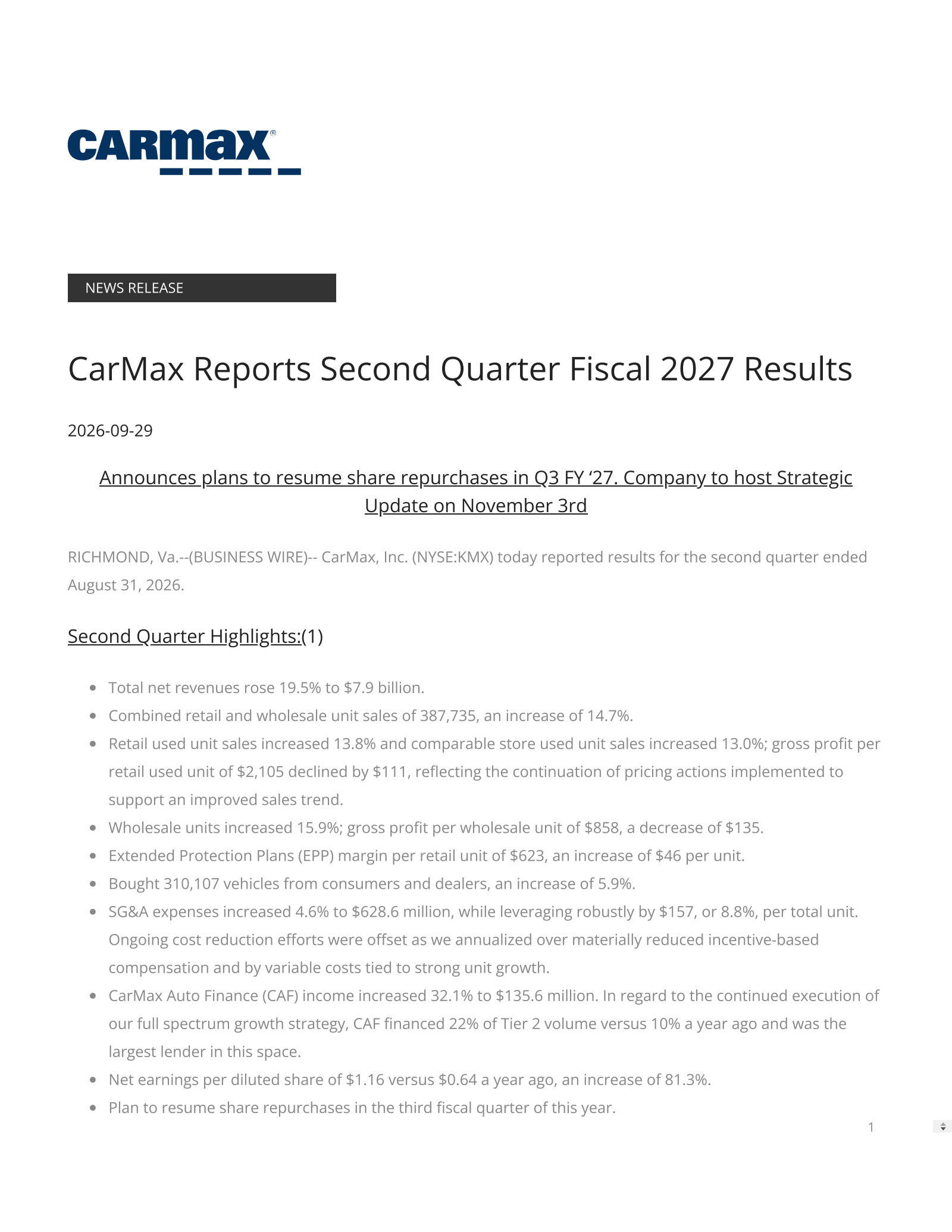 CarMax's Q2 2027 Press Release