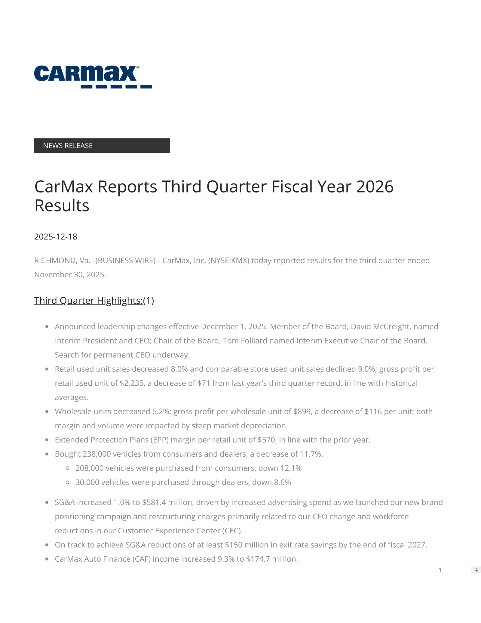 CarMax's Q3 2026 Earnings Release
