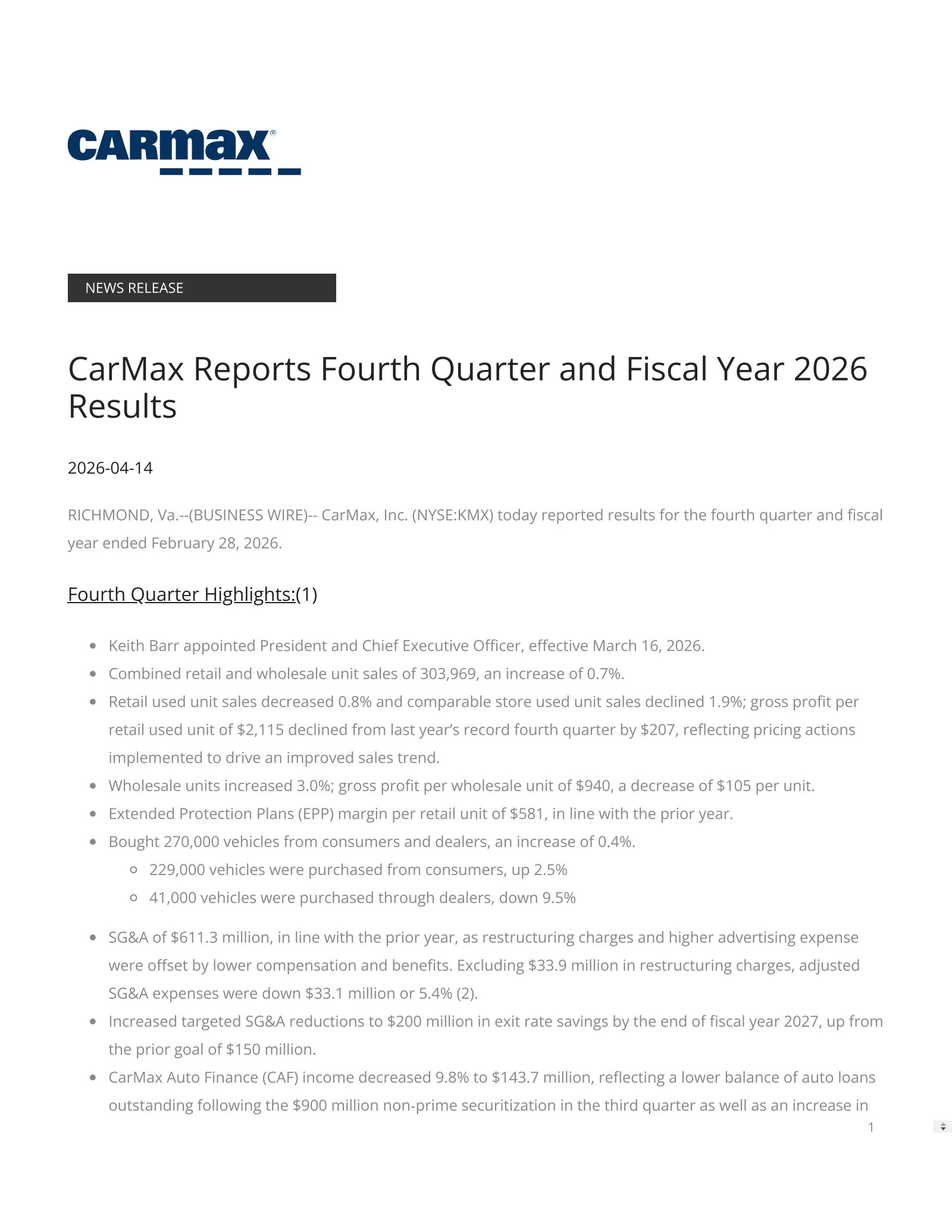 CarMax's Q4 2026 Press Release