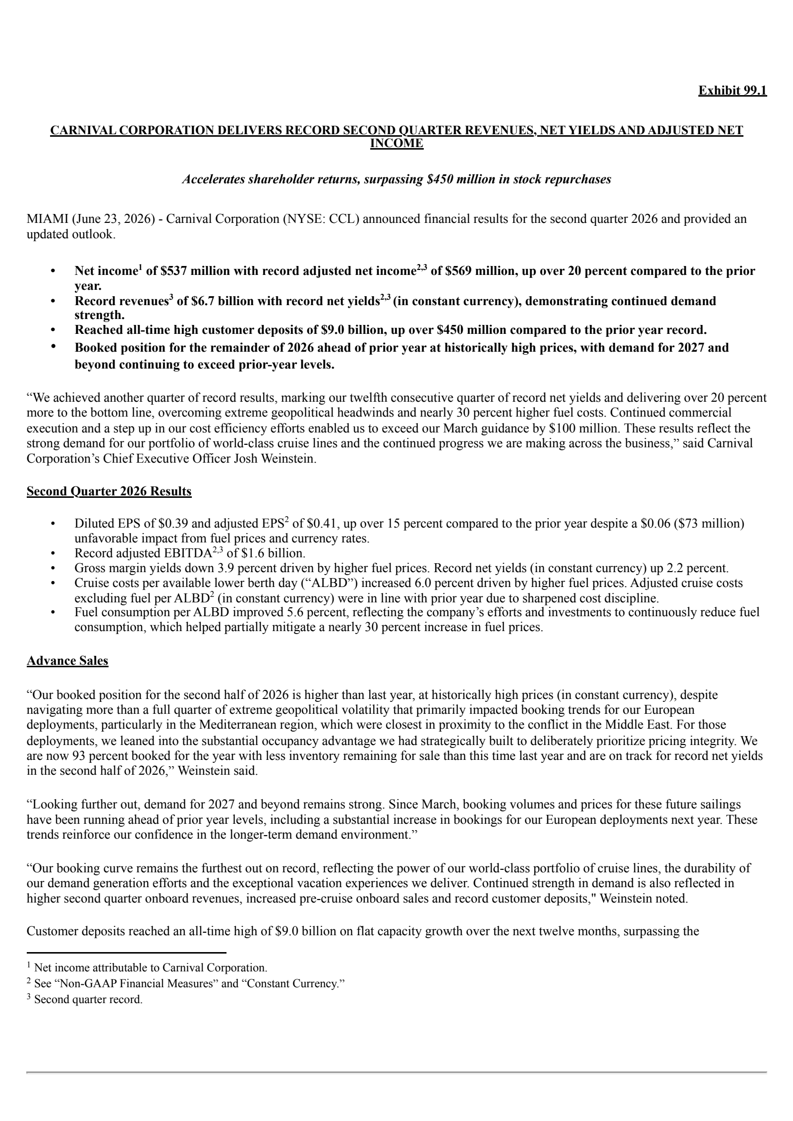 Carnival's Q2 2026 Press Release