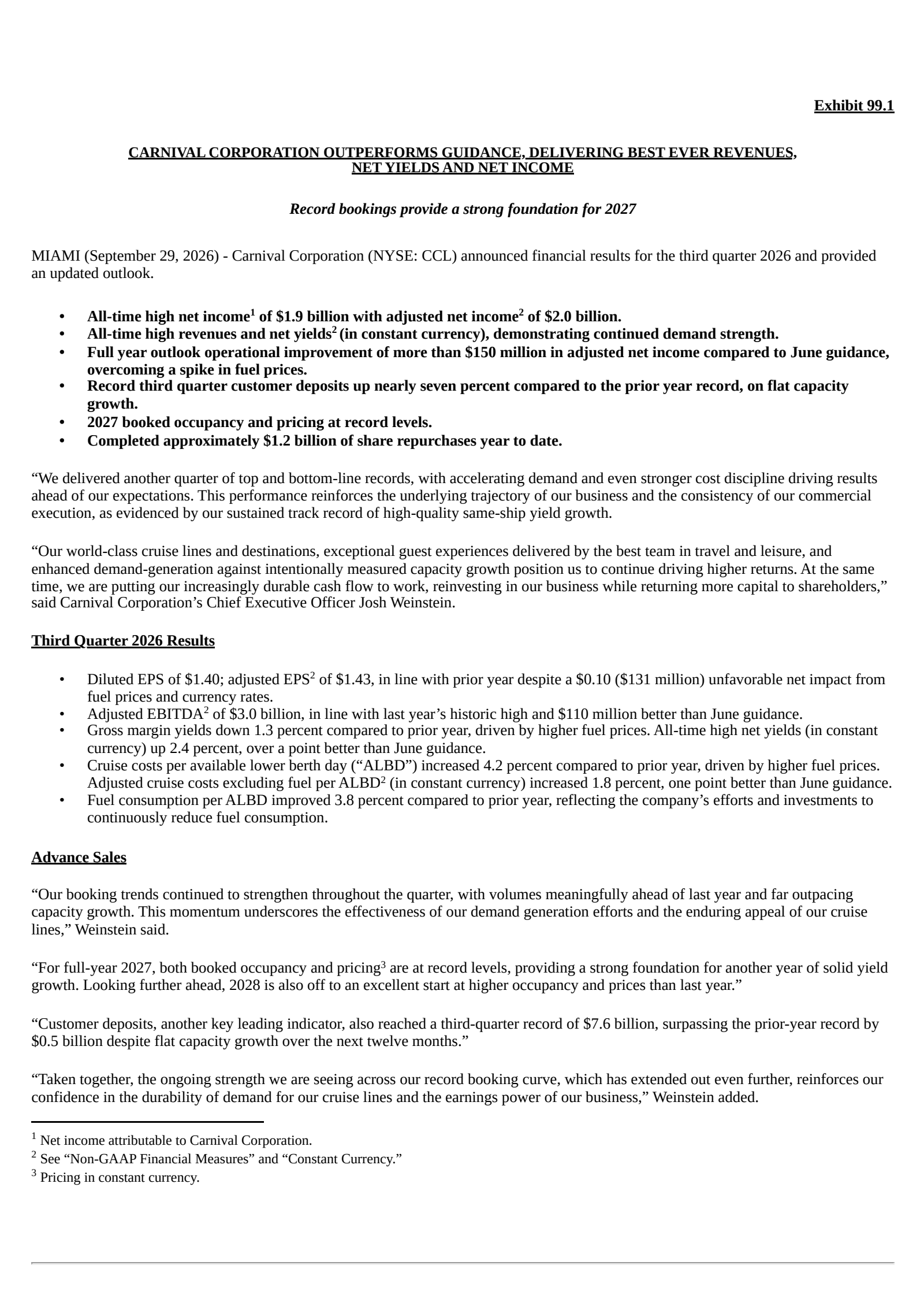 Carnival's Q3 2026 Press Release