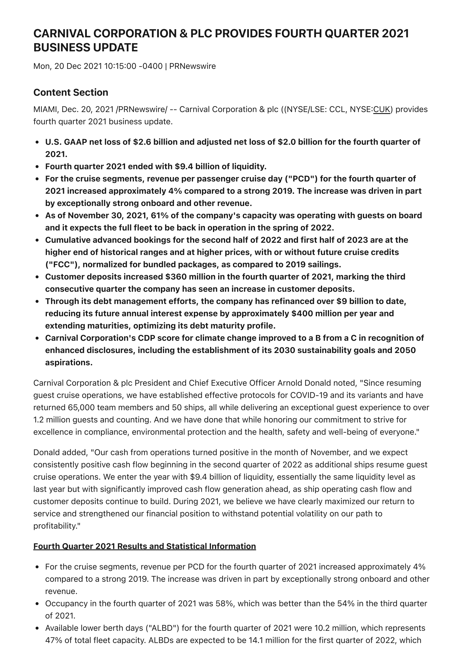 Carnival's Q4 2021 Press Release