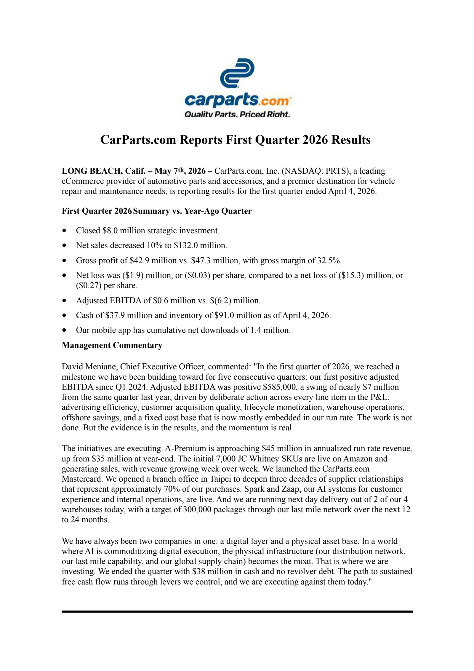 CarParts.com's Q1 2026 Press Release