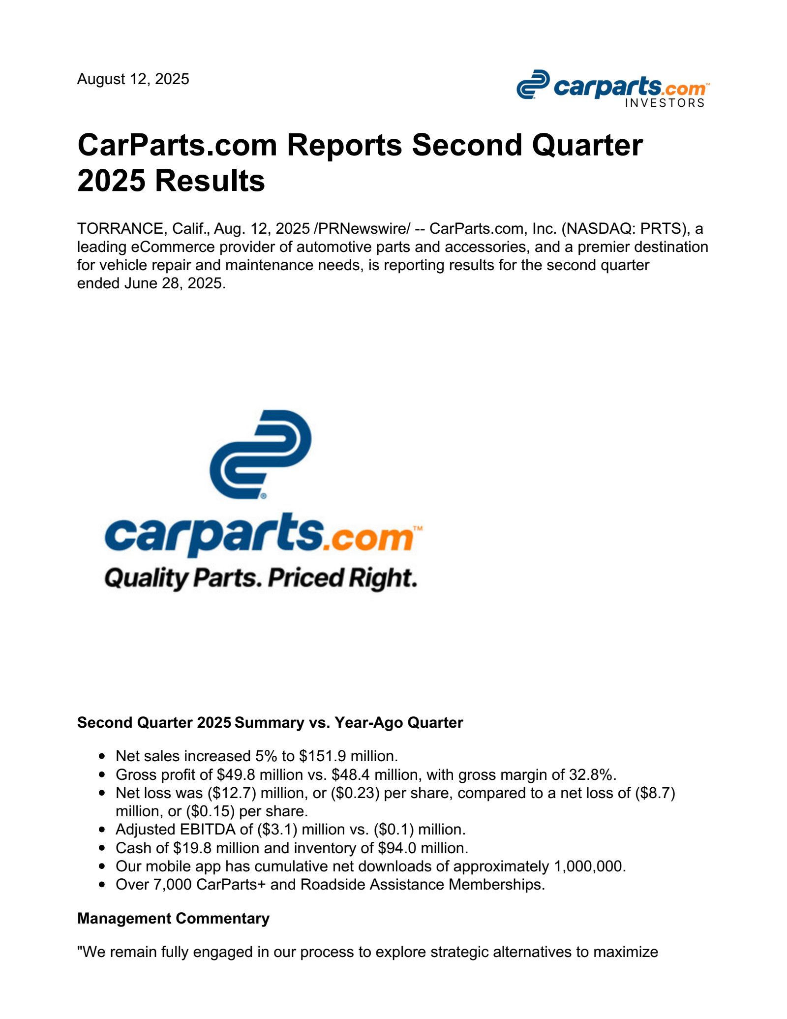 CarParts.com's Q2 2025 Press Release