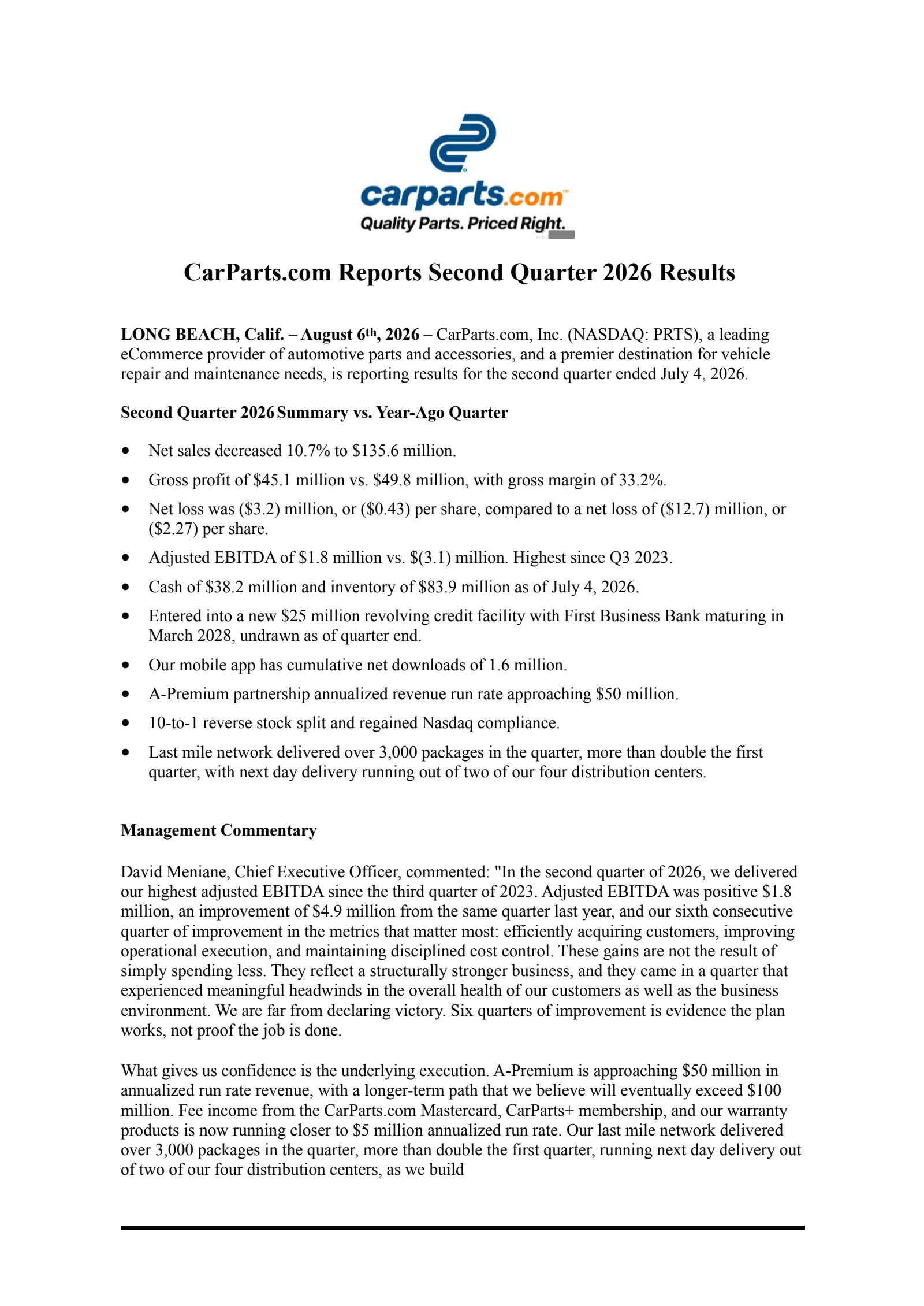CarParts.com's Q2 2026 Press Release