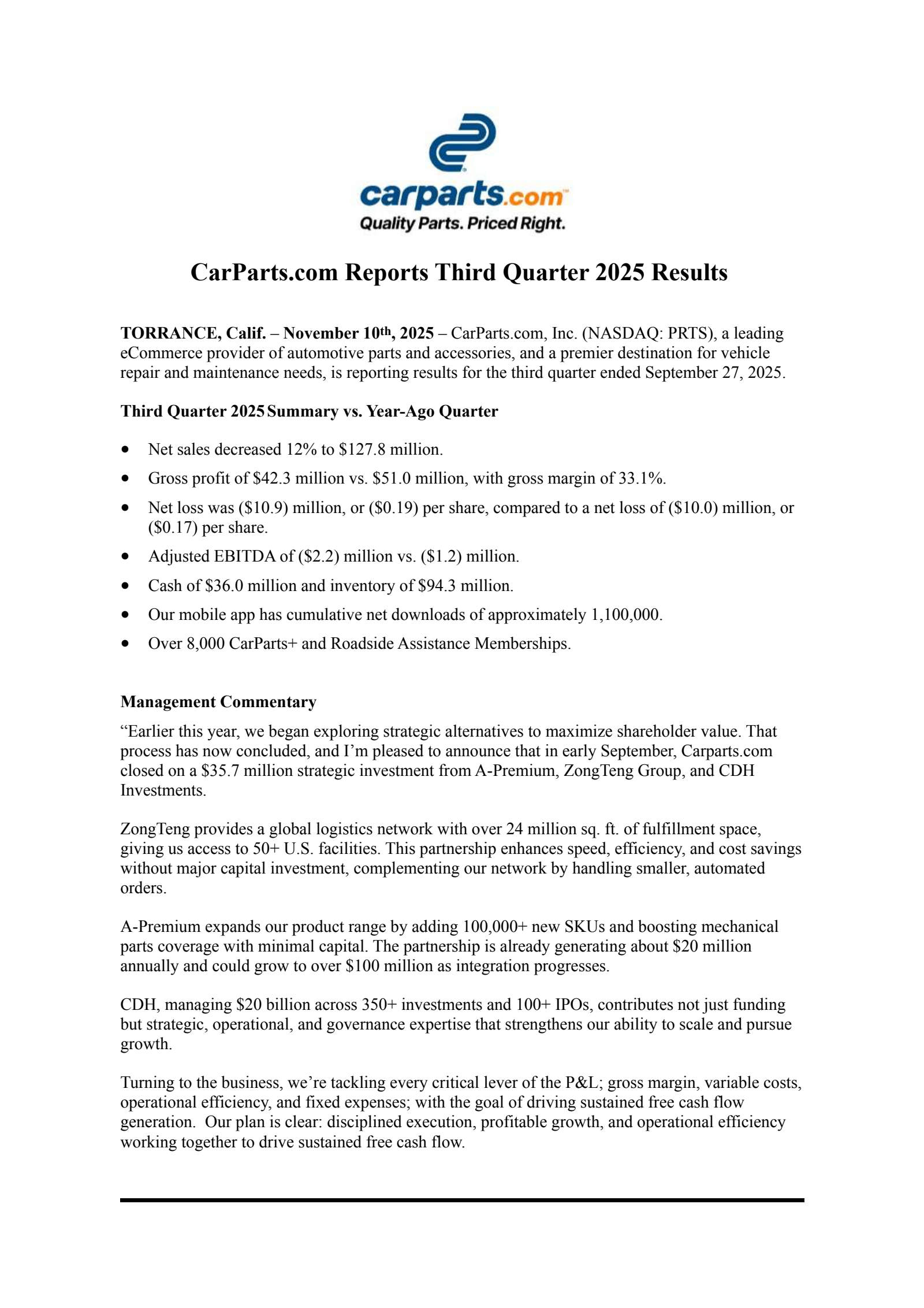 CarParts.com's Q3 2025 Earnings Release