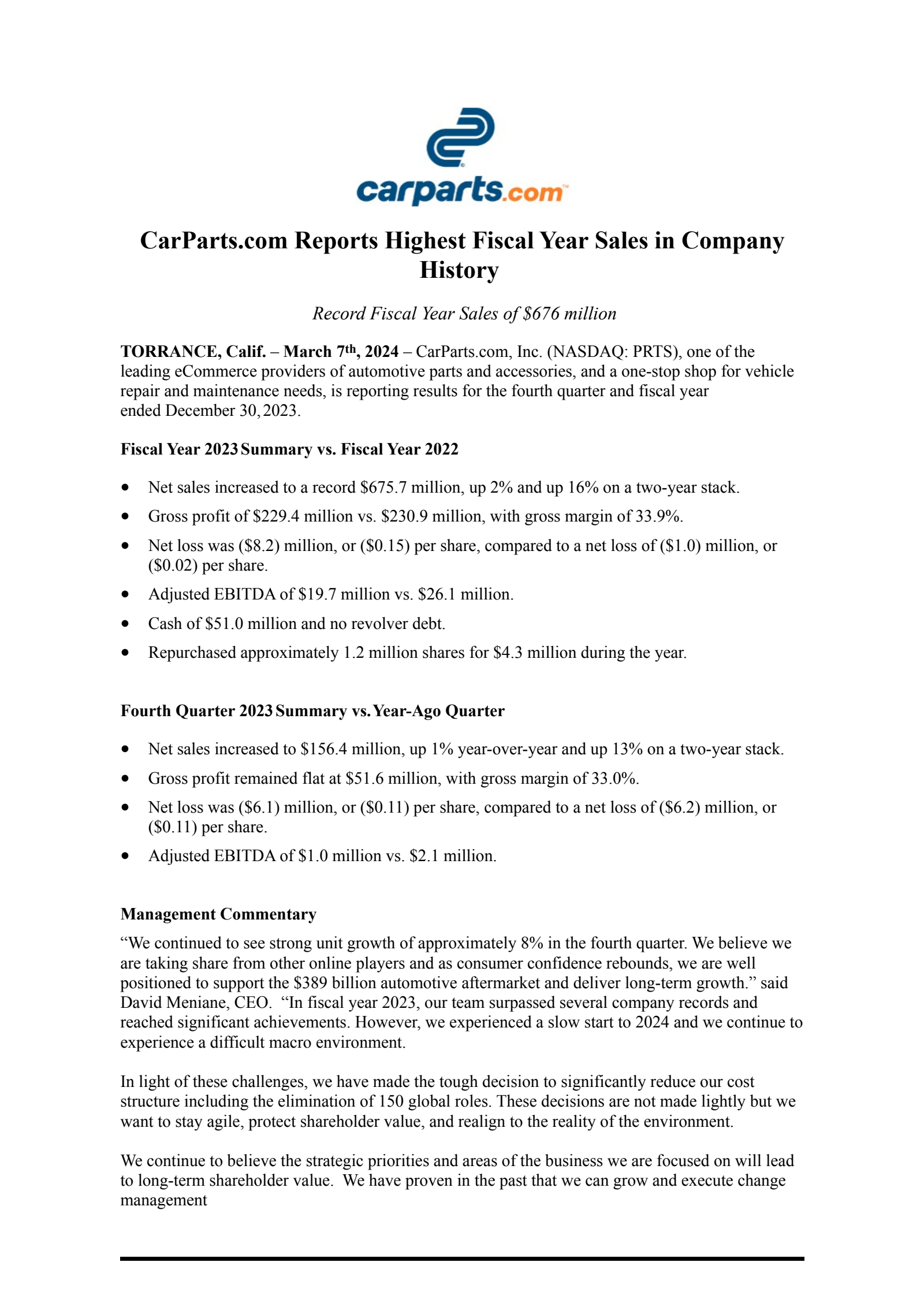 CarParts.com's Q4 2023 Press Release