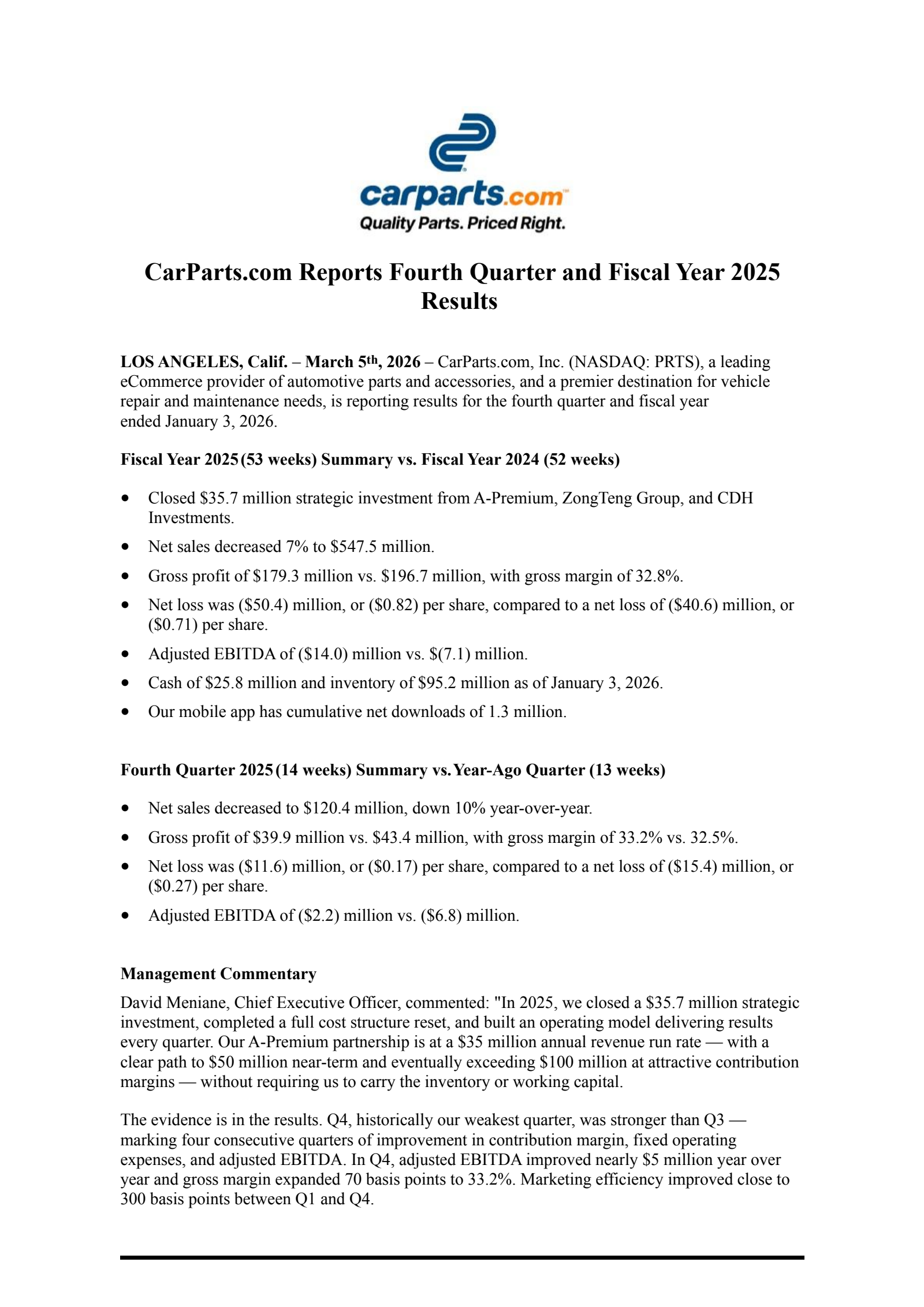 CarParts.com's Q4 2025 Press Release