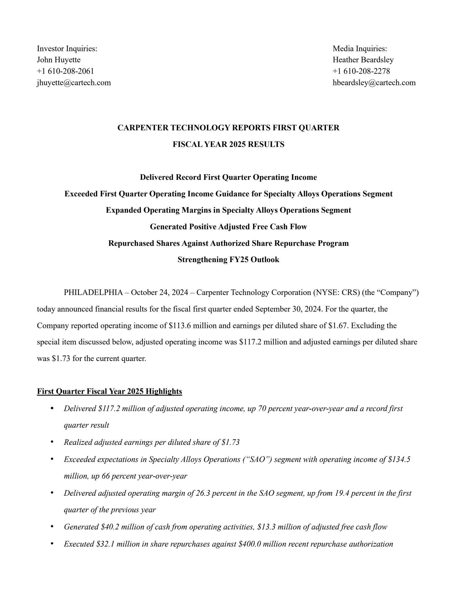 Carpenter Technology's Q1 2025 Press Release