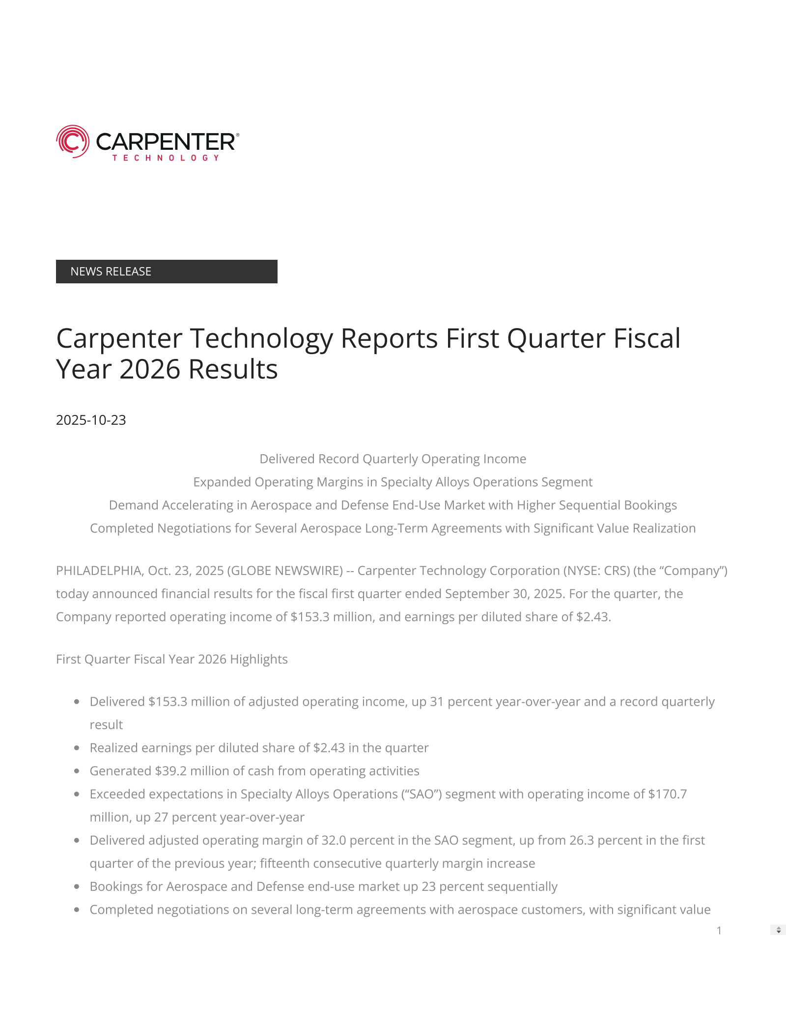 Carpenter Technology's Q1 2026 Earnings Release