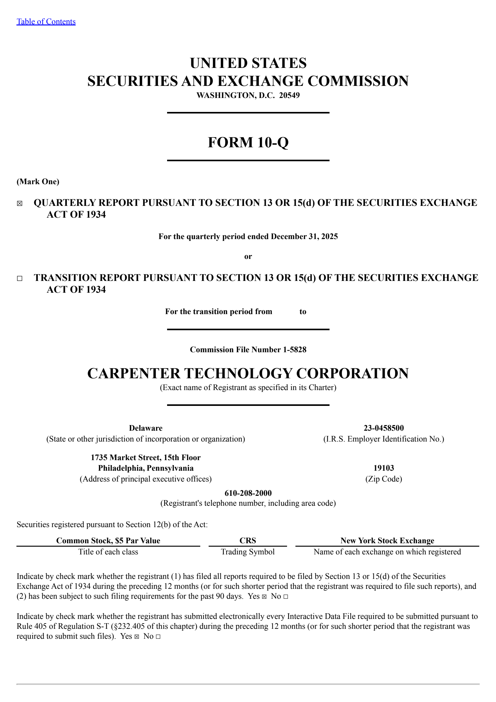 Carpenter Technology's Q2 2026 Quarterly report