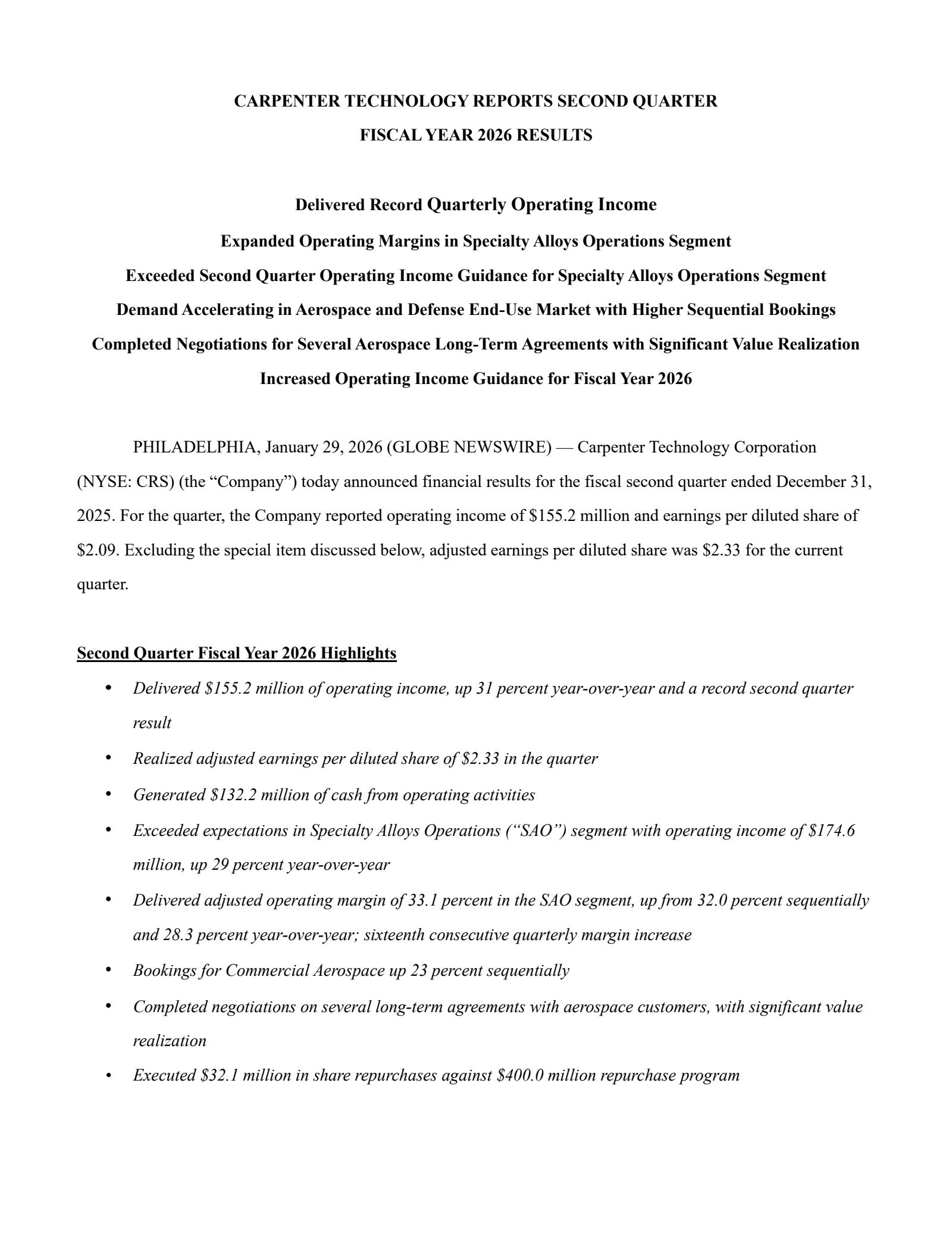 Carpenter Technology's Q2 2026 Press Release