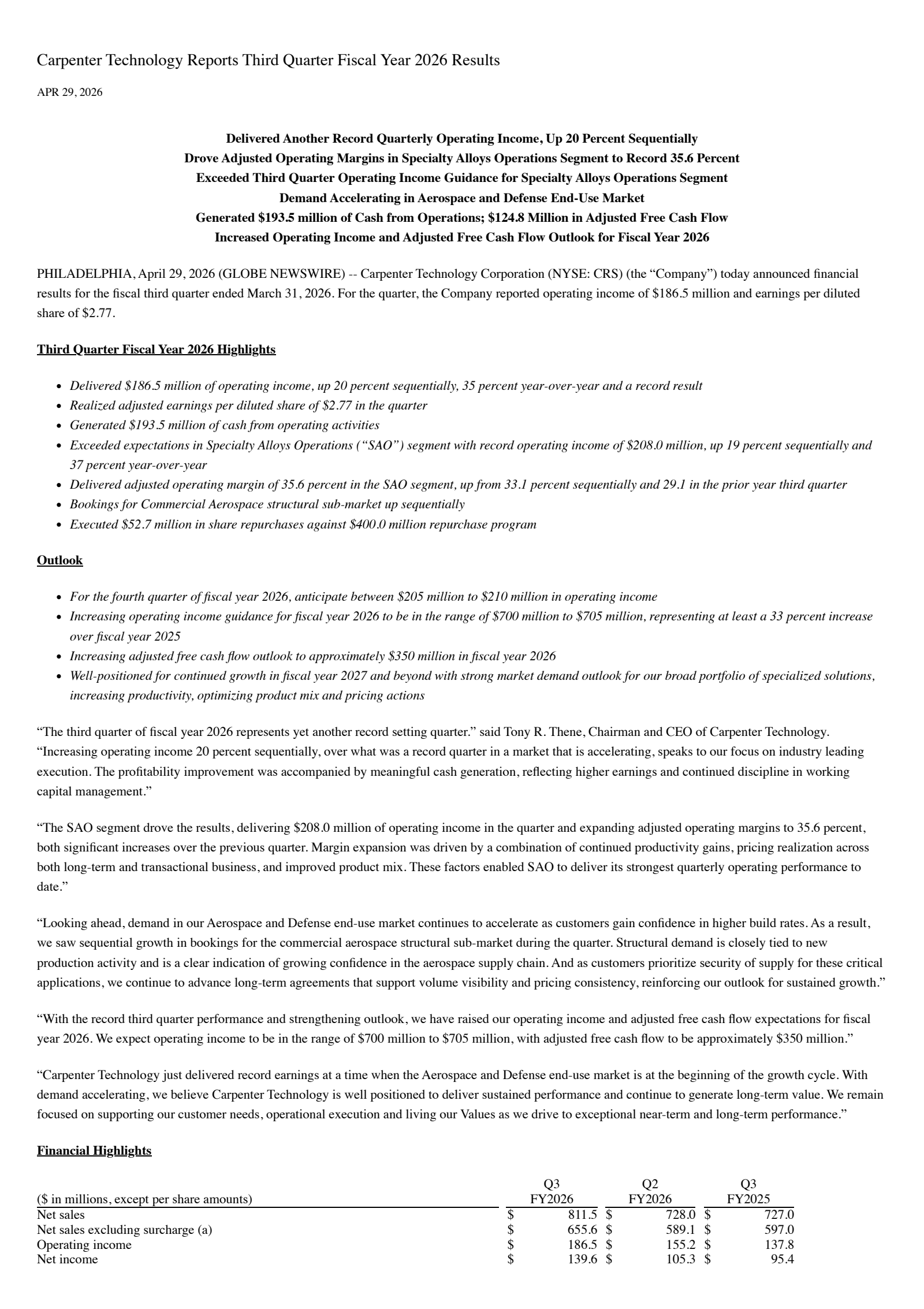 Carpenter Technology's Q3 2026 Press Release