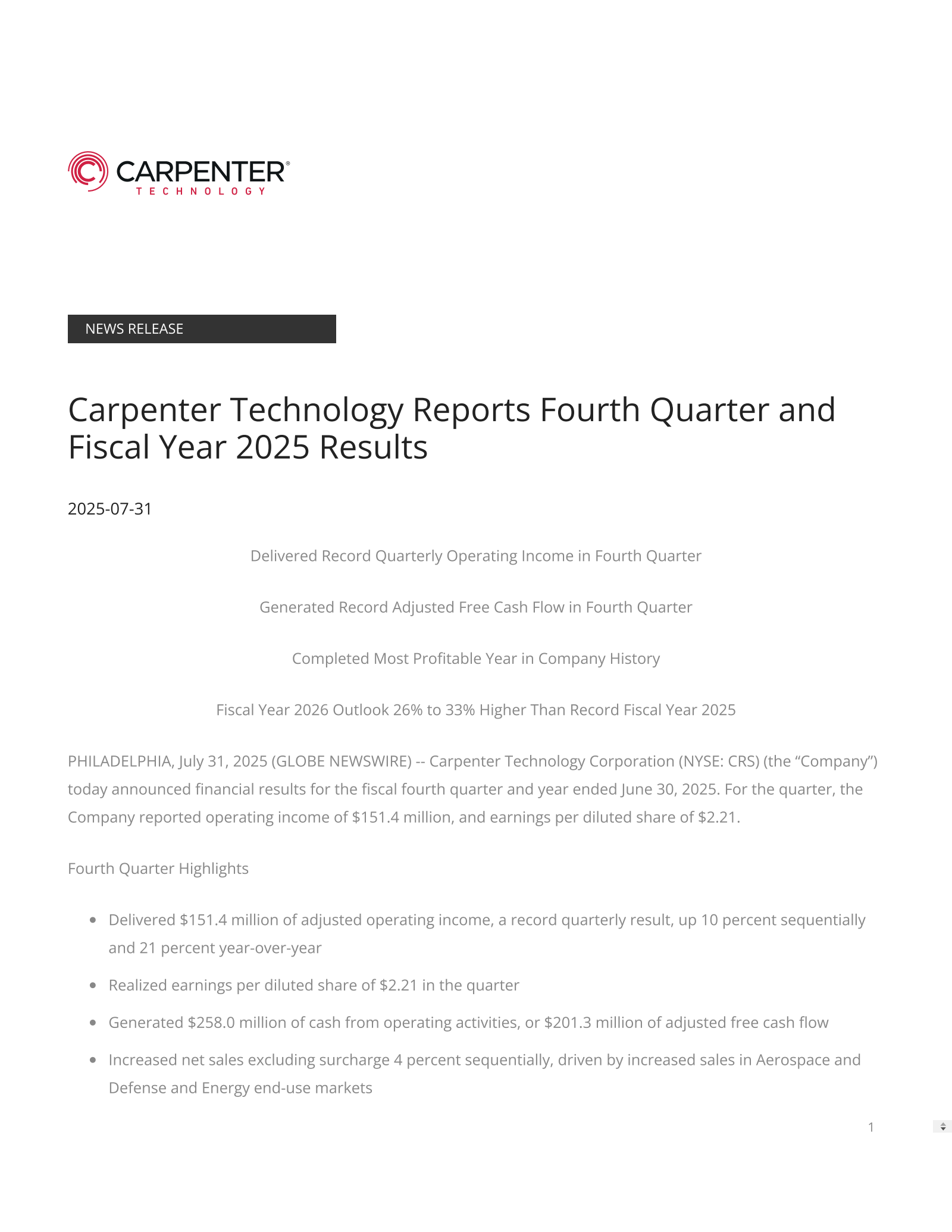 Carpenter Technology's Q4 2025 Press Release