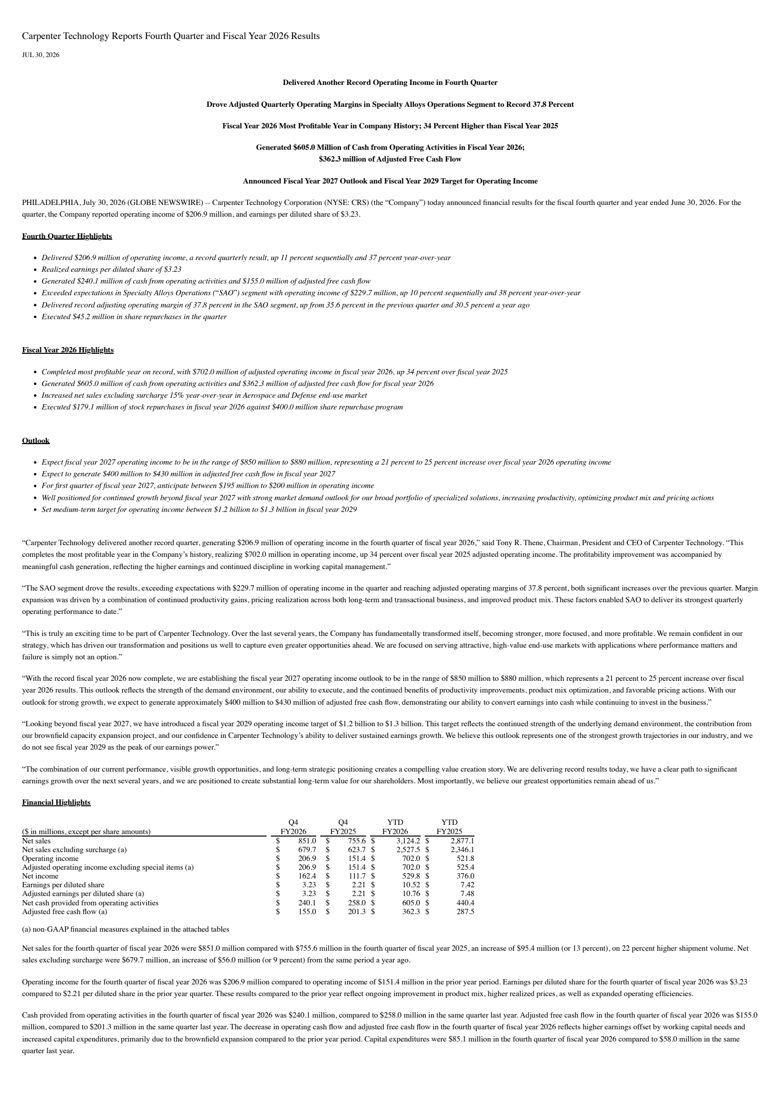 Carpenter Technology's Q4 2026 Press Release