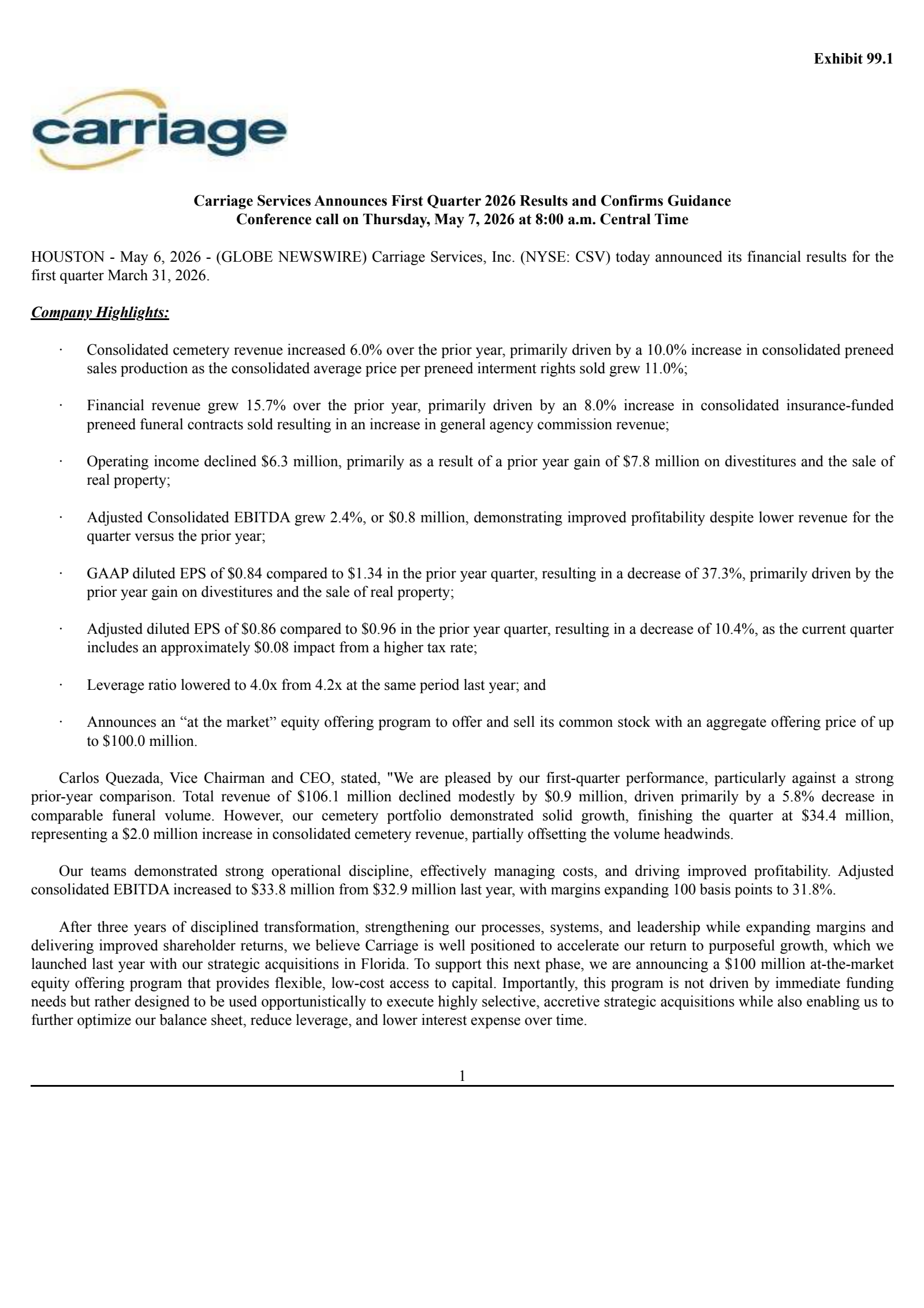 Carriage Services' Q1 2026 Press Release