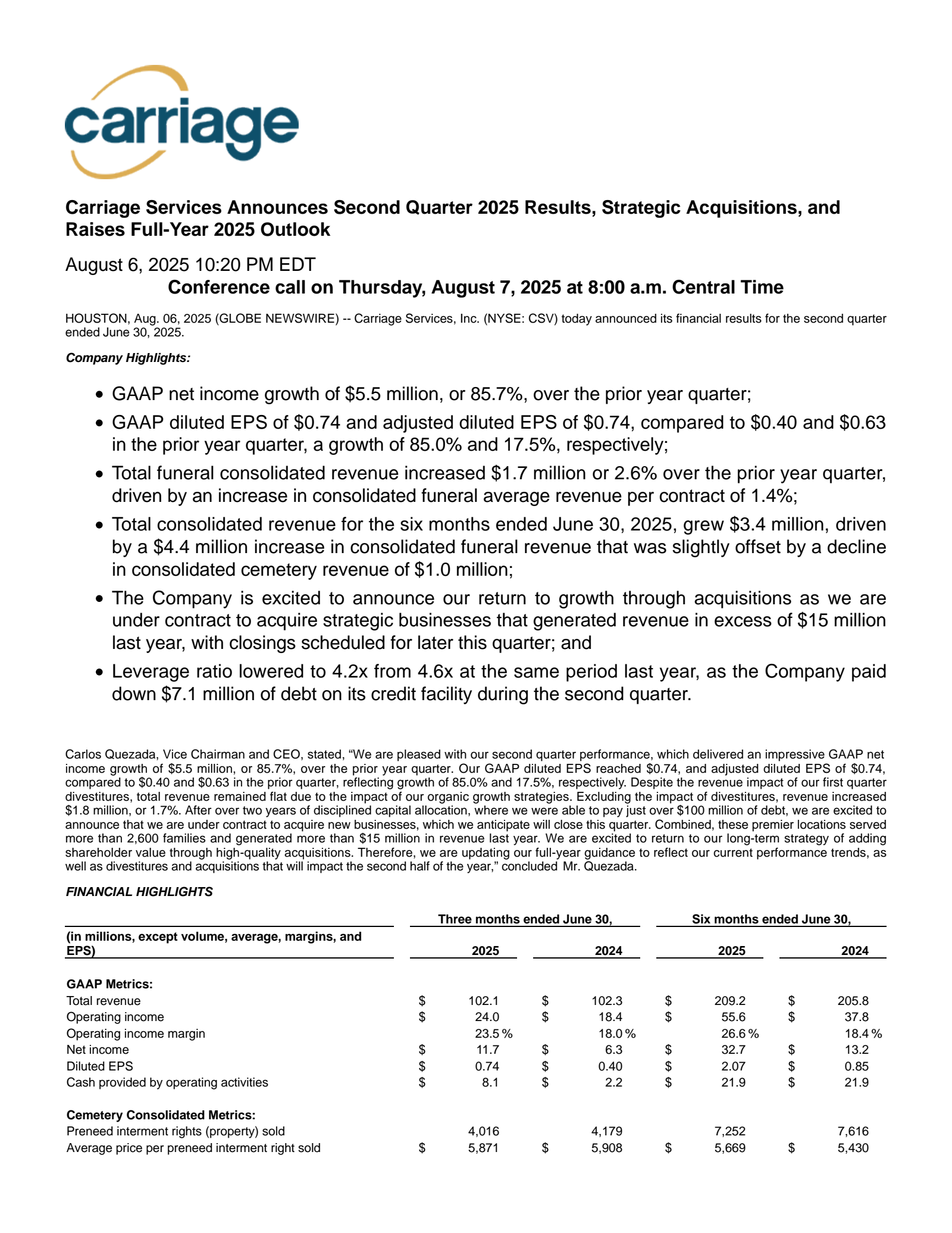 Carriage Services' Q2 2025 Press Release