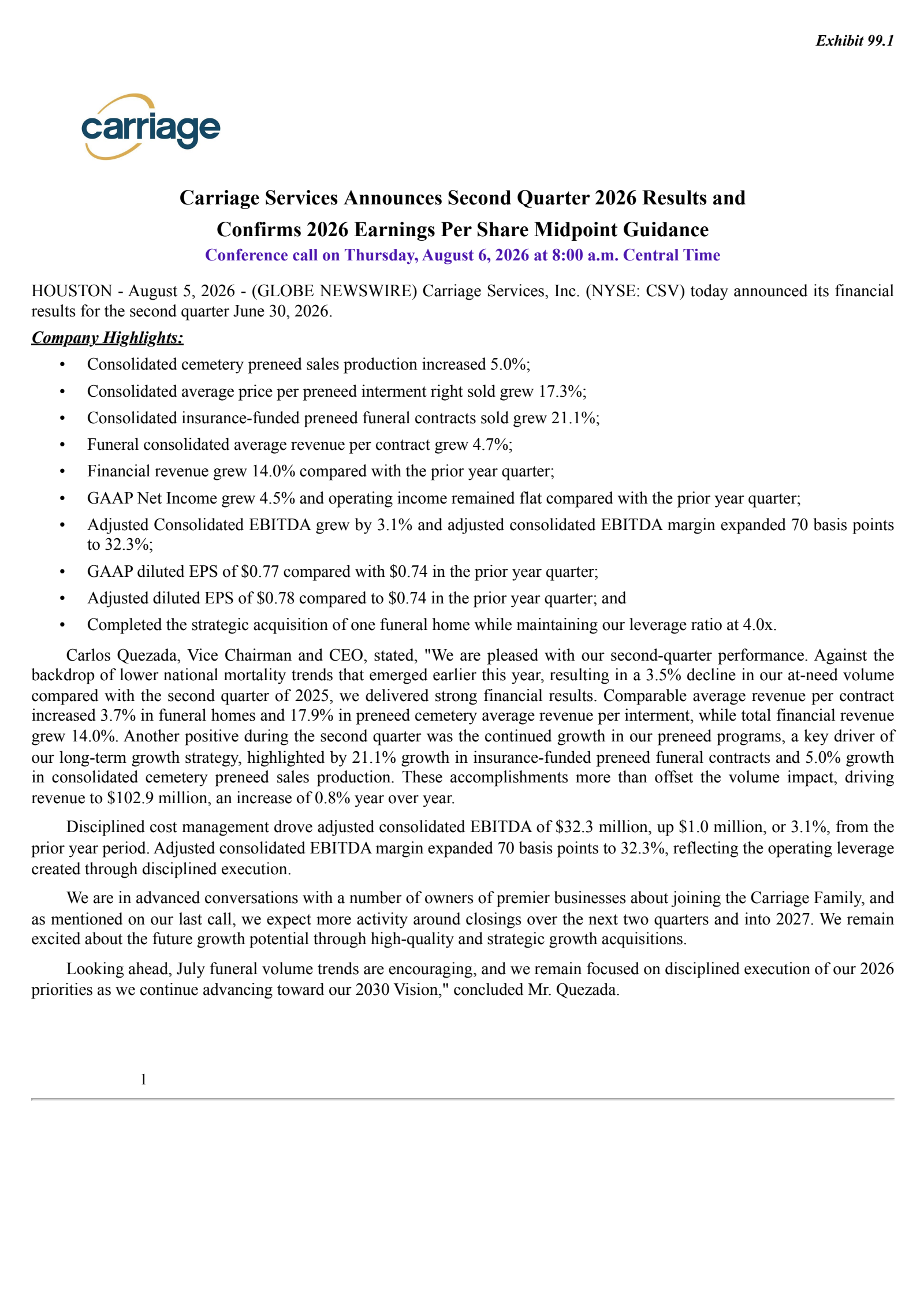 Carriage Services' Q2 2026 Press Release