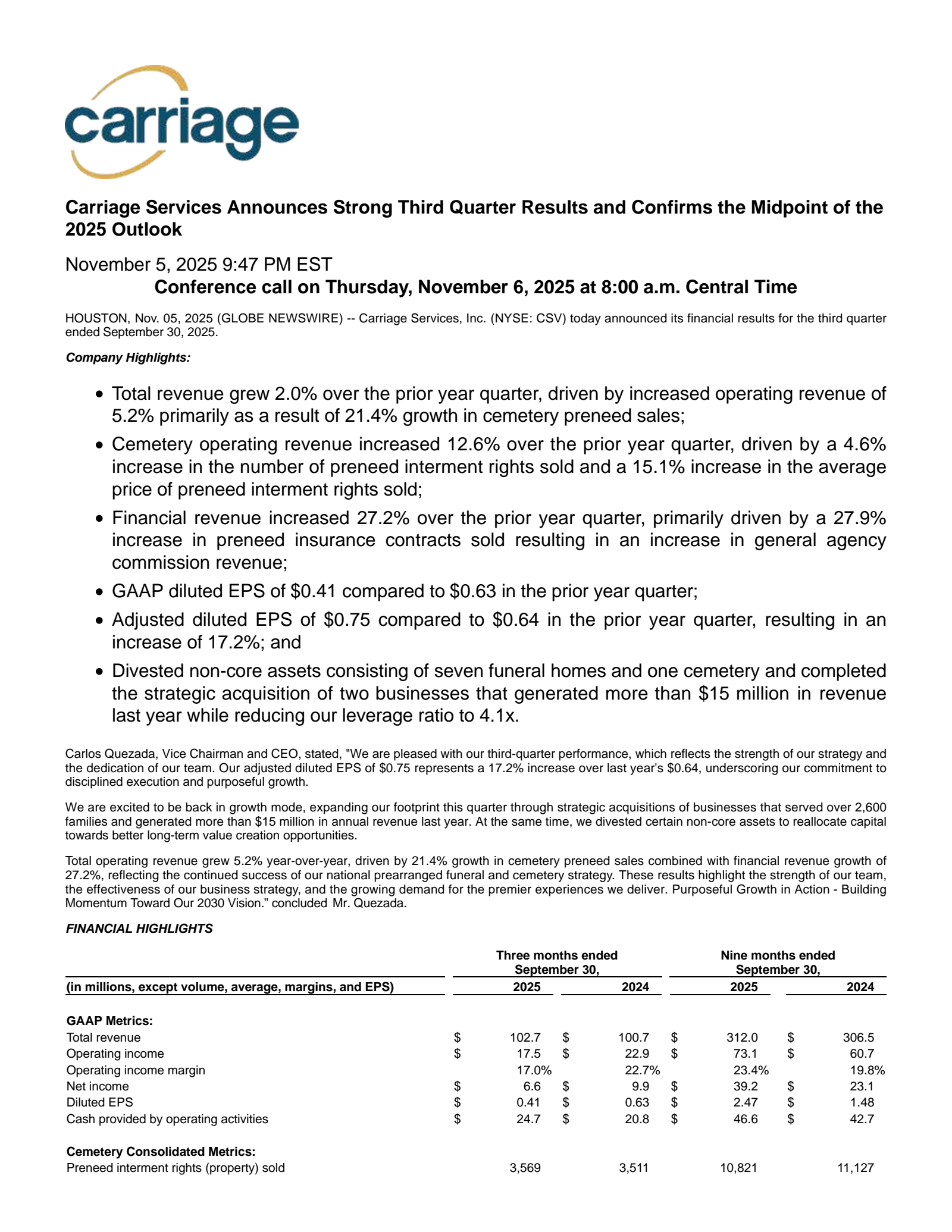 Carriage Services' Q3 2025 Earnings Release