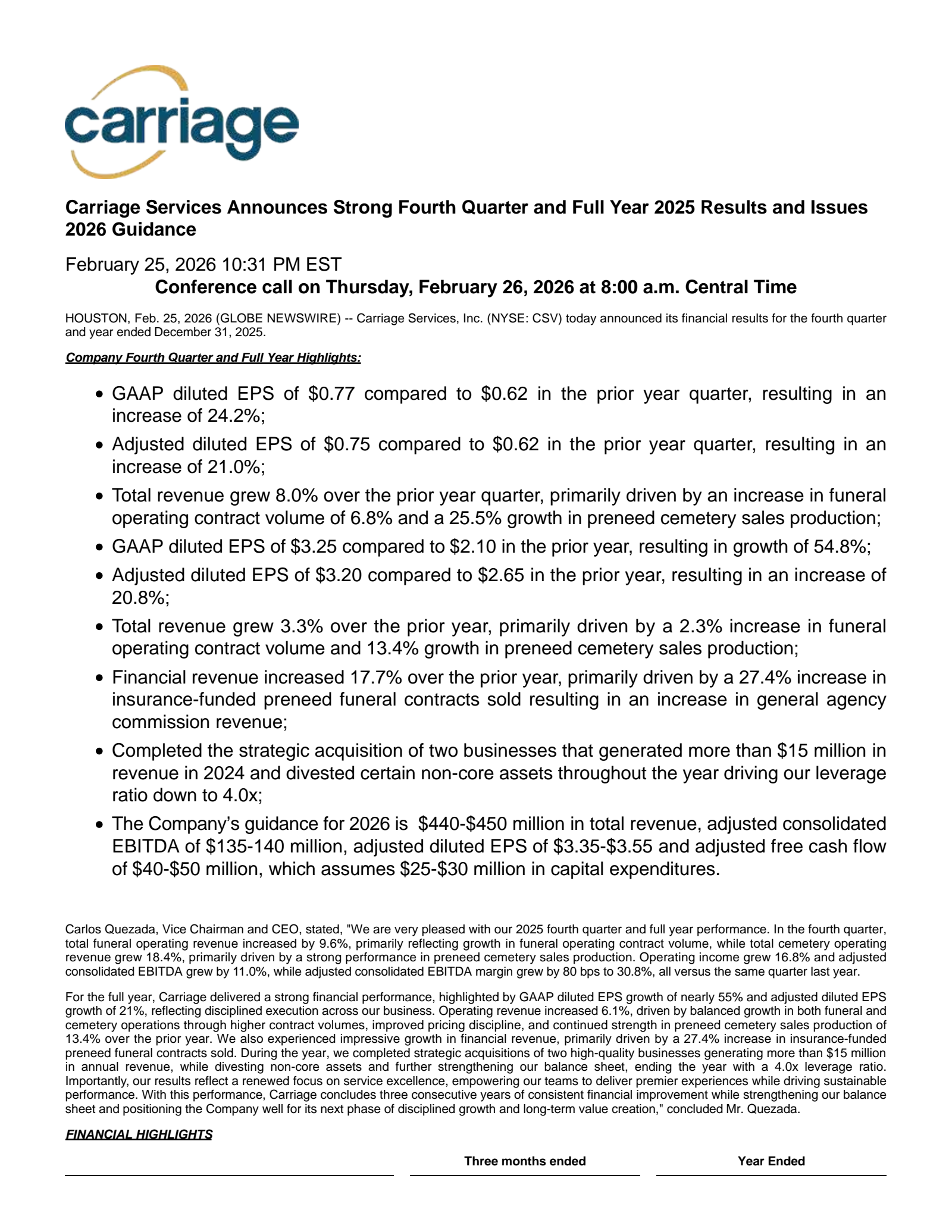 Carriage Services' Q4 2025 Press Release