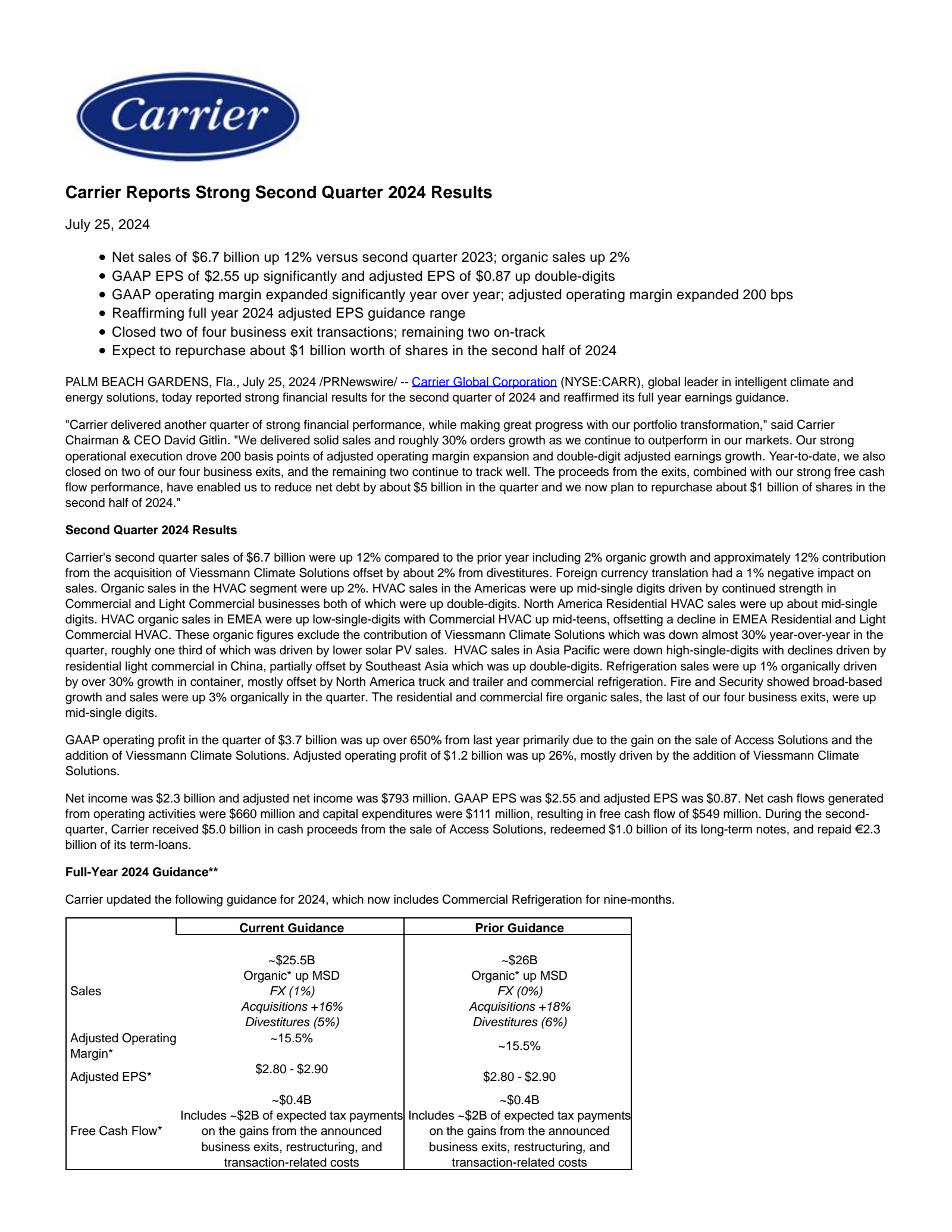 Carrier Global's Q2 2024 Press Release