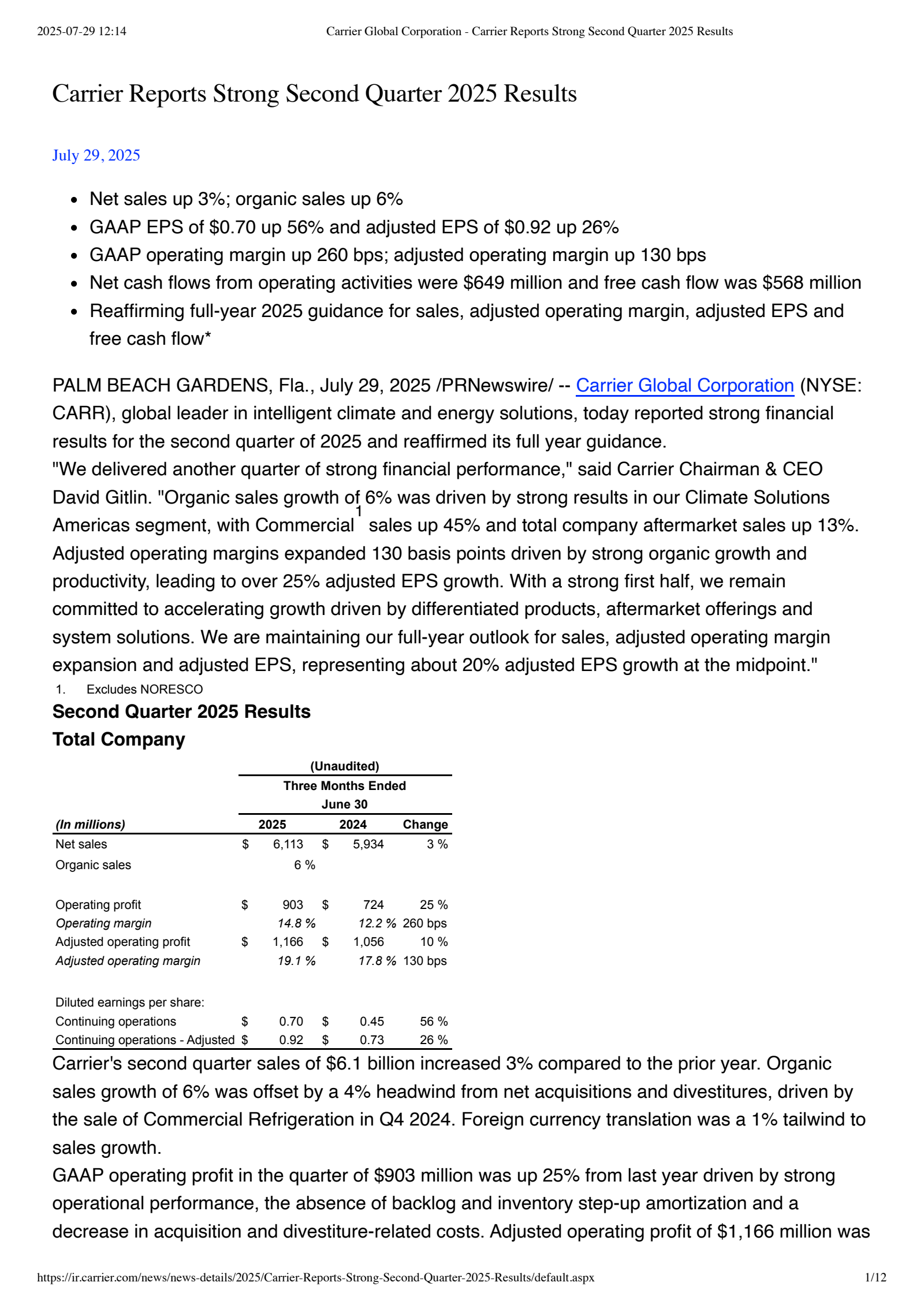 Carrier Global's Q2 2025 Press Release