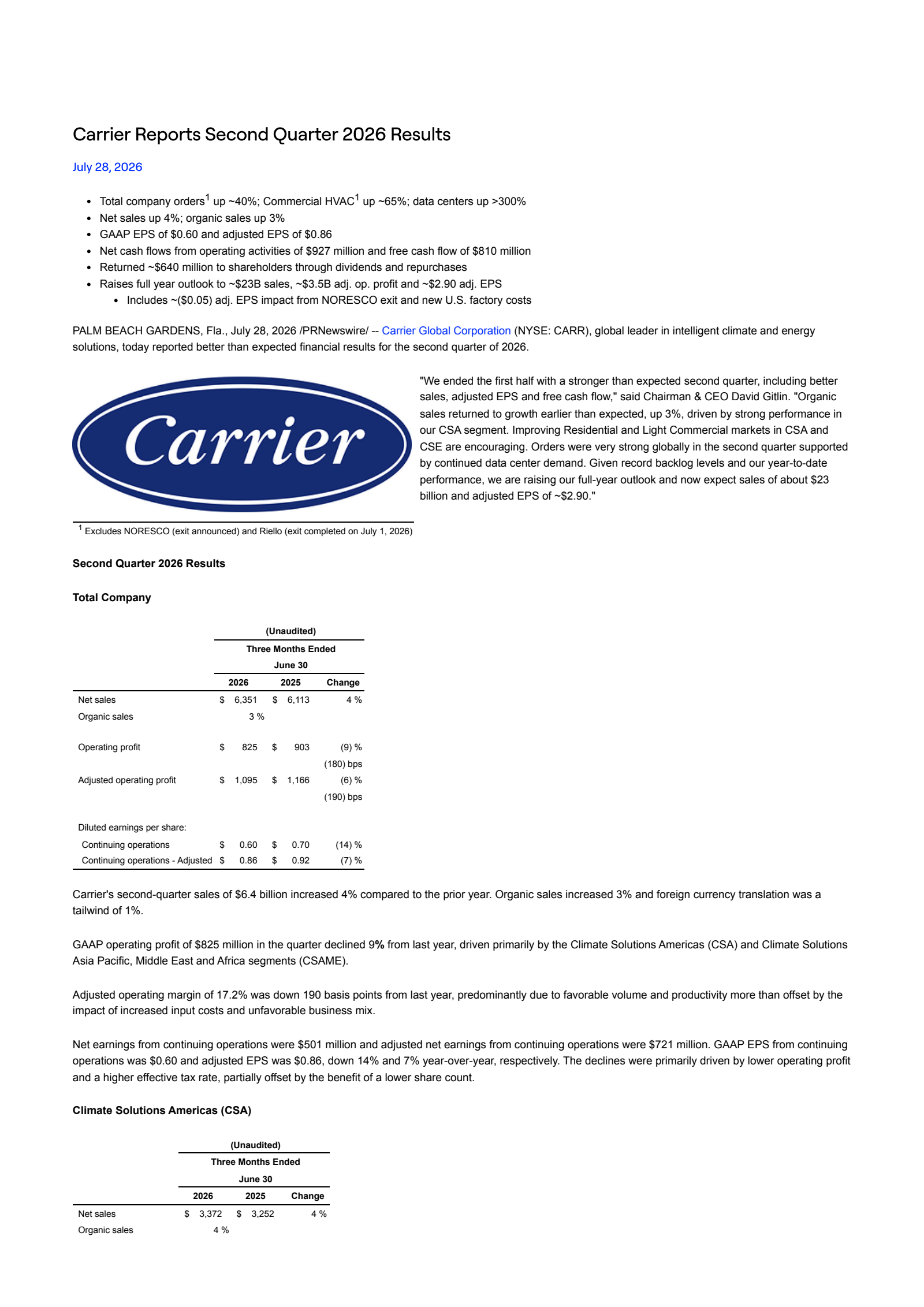 Carrier Global's Q2 2026 Press Release