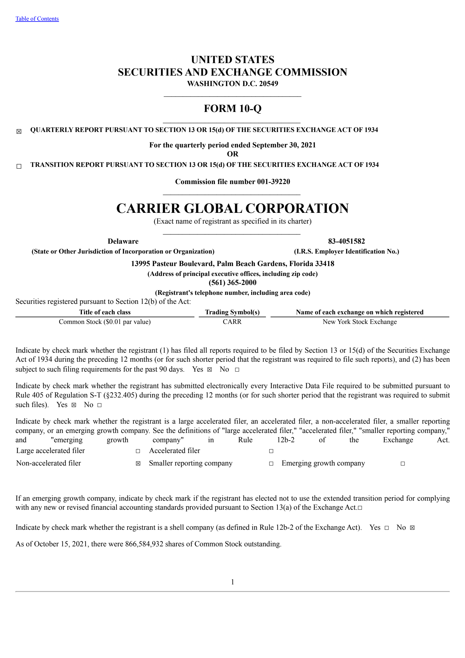 Carrier Global's Q3 2021 Quarterly report