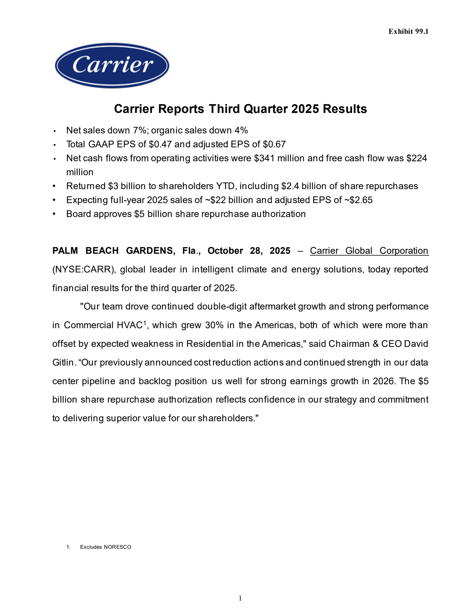Carrier Global's Q3 2025 Earnings Release