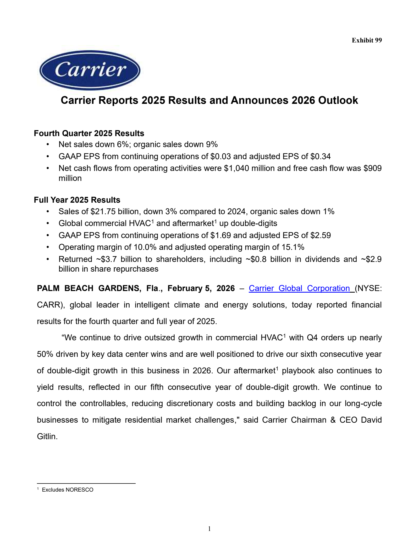 Carrier Global's Q4 2025 Press Release