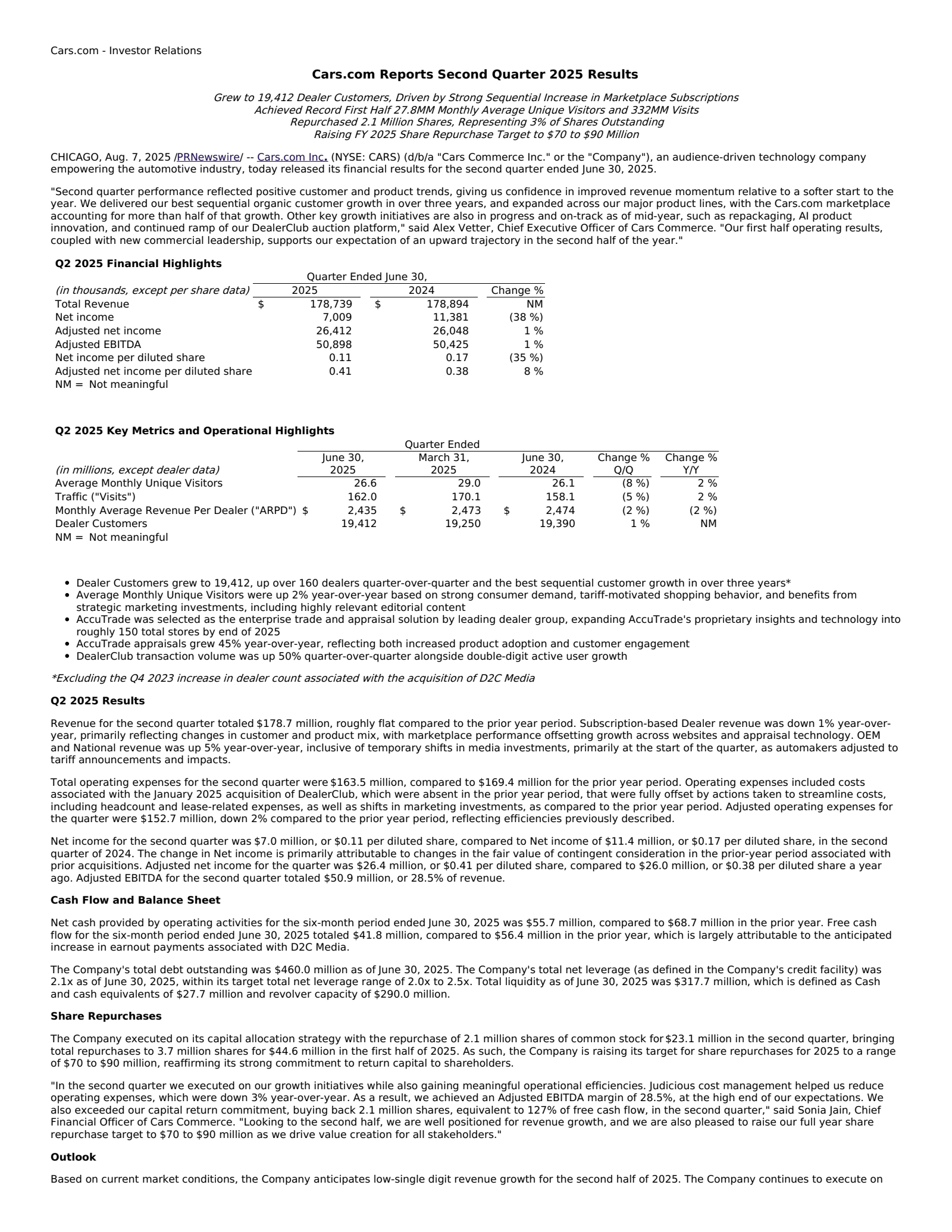 Cars.com's Q2 2025 Press Release