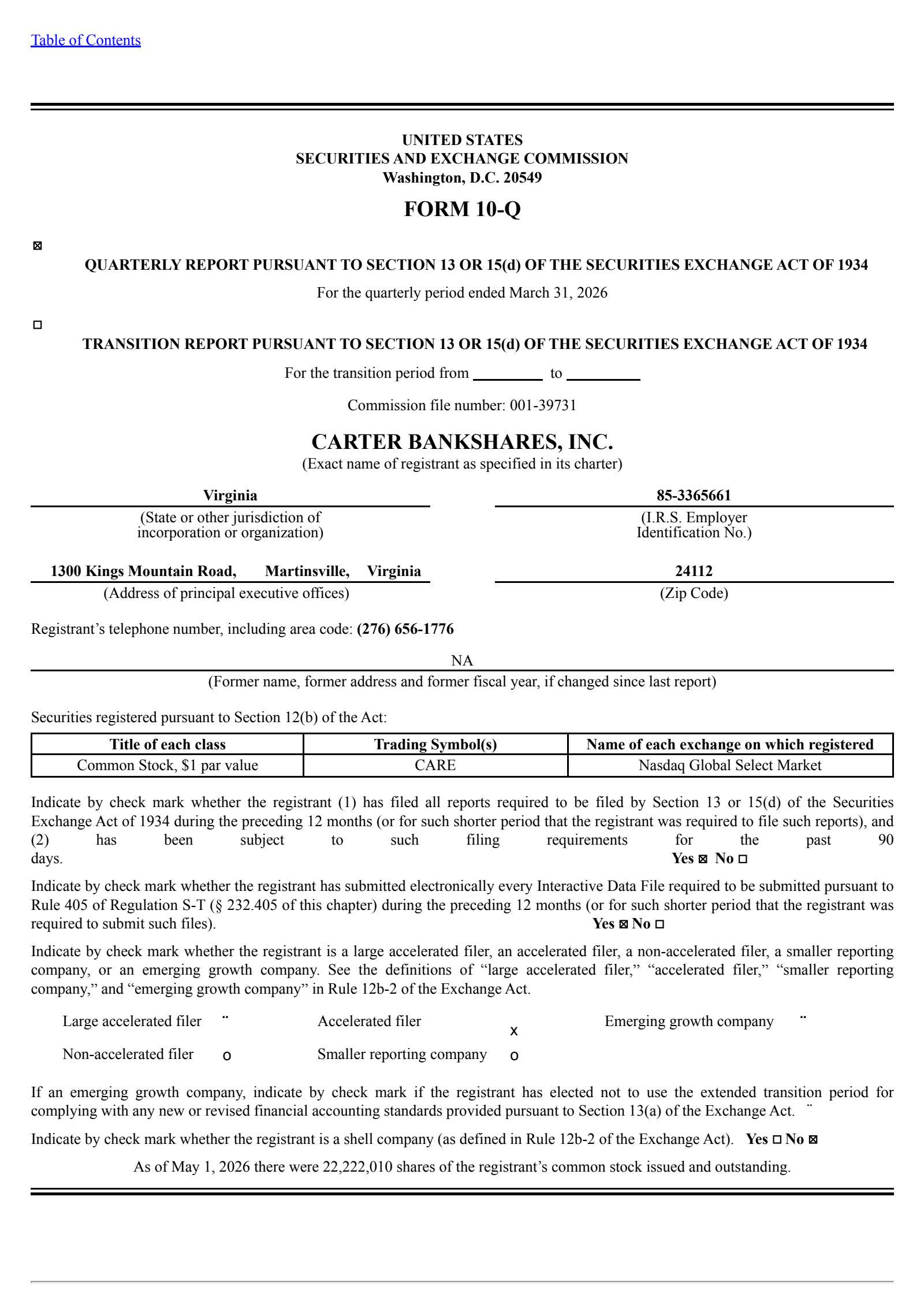Carter Bankshares' Q1 2026 Quarterly report