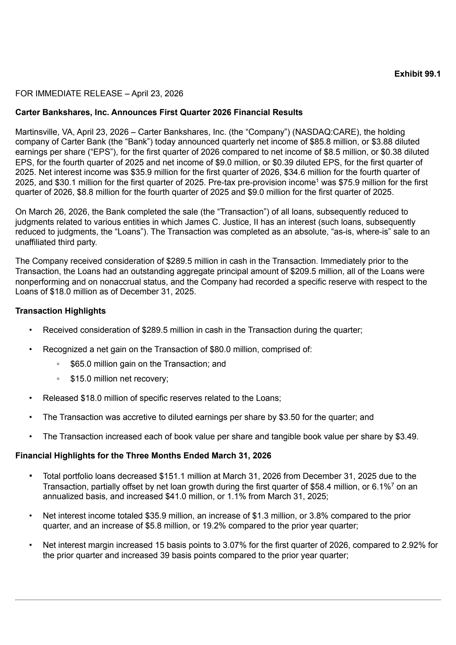 Carter Bankshares' Q1 2026 Press Release